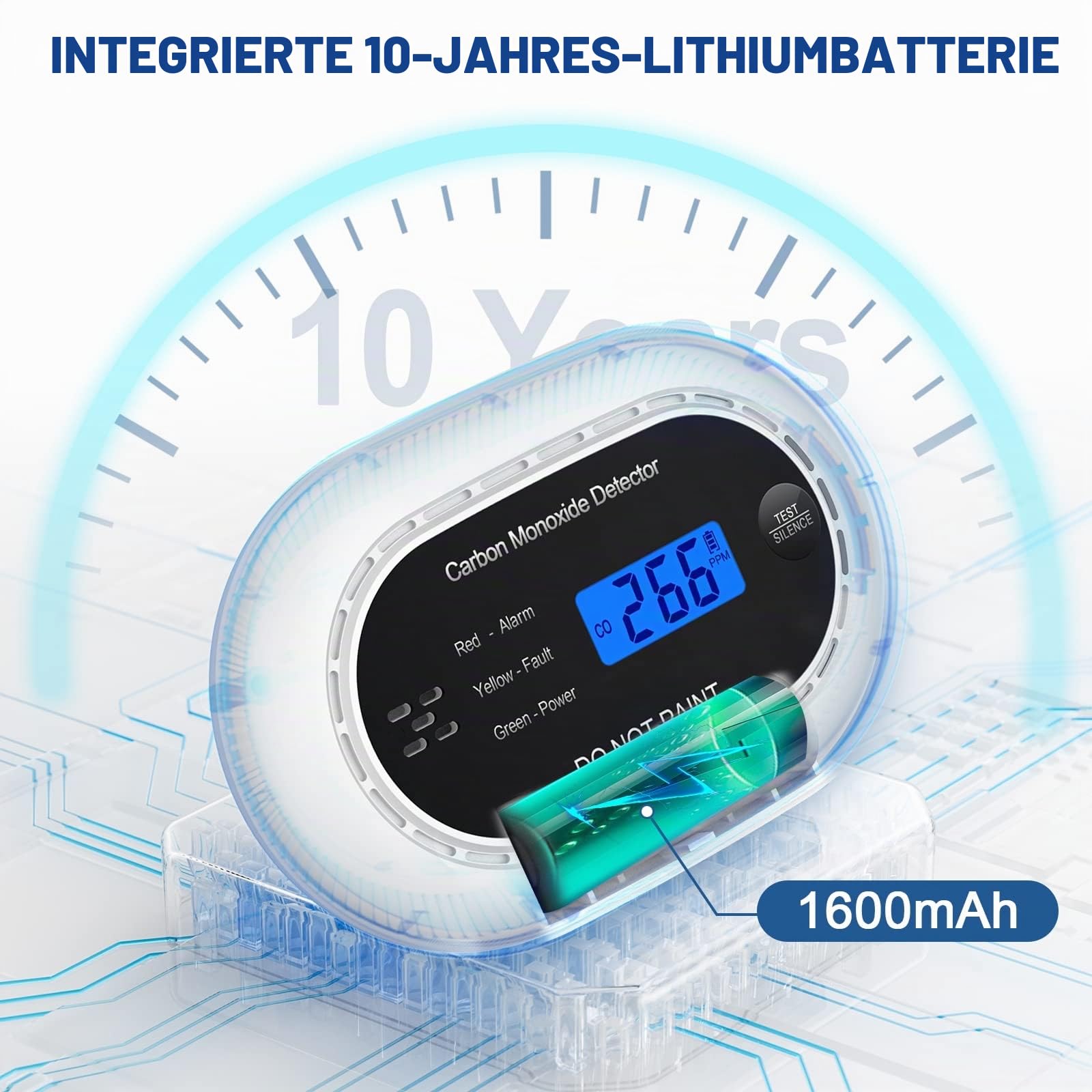Kohlenmonoxid-Melder mit digitaler LCD-Anzeige, CE-zertifizierter CO-Alarm mit versiegelter 10-jähriger Batterie, unabhängiger hörbarer CO-Detektor für Zuhause, Schwarz, 1 Packung