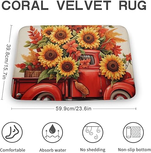 Miniatura 2 de Tapetes de baño de camiones rojos, girasoles y hojas de arce, tapete de puerta de Acción de Gracias o Halloween, tapete de ducha antideslizante de