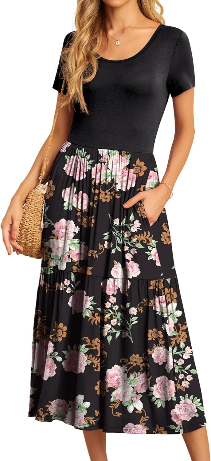 GRECERELLE Women's Summer Casual Short Sleeve Crewneck Tiered Flowy Maxi Long Dress with Pockets (S-2XL)