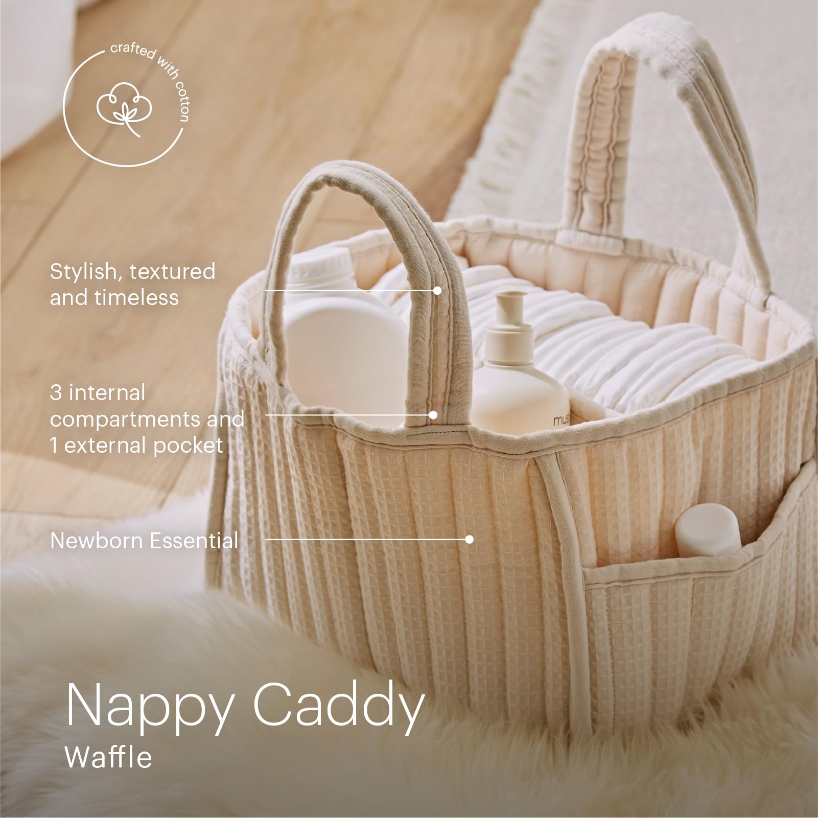 CuddleCo Nappy Caddy, Quilted Nappy Caddy Organiser with 3 Spacious Internal Compartments, Outer Pocket, Sturdy Handles - Image 2