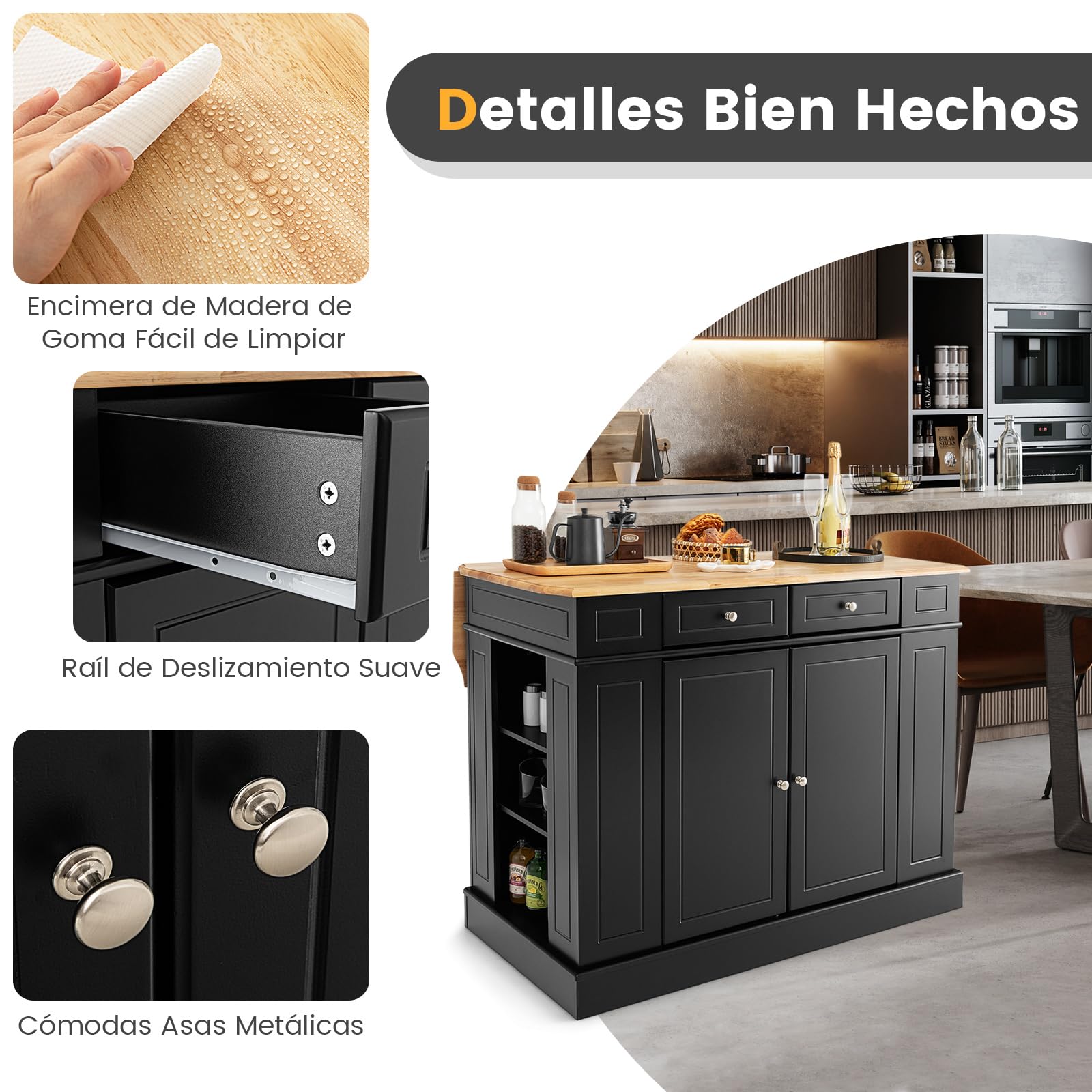 COSTWAY Isla de Cocina con Almacenamiento con Encimera de Madera, Cajones, Estantes Laterales y 2 Puertas, Carrito de Cocina con Estantes Ajustables de 3 Niveles (Negro)