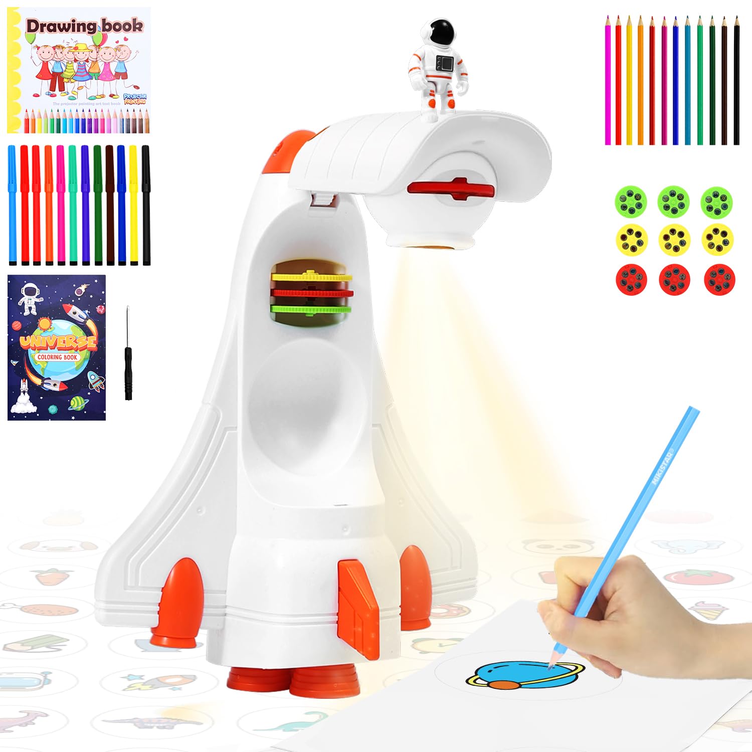 Proyector de Dibujo Infantil, Trace and Drawing Projector, 54 Patrones de Animación y 12 Pinceles de Colores, Cuaderno de Dibujo, Herramienta Educativa para Niños y Niñas de 3-10 Años