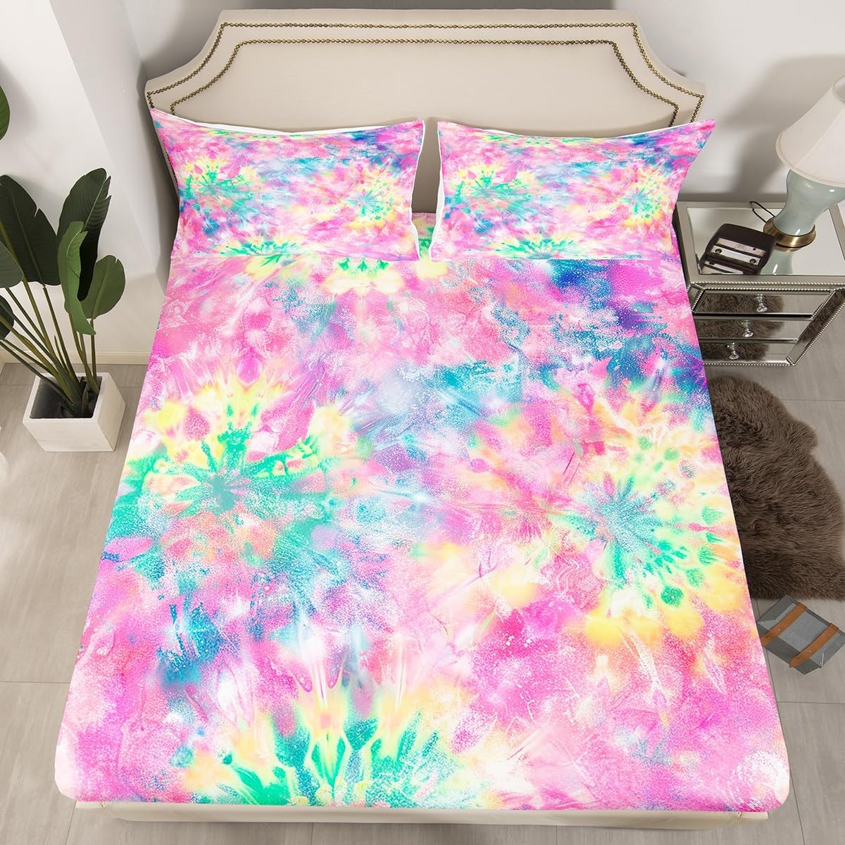 Erosebridal Kids Tie Dye Pink Fitted Sheet Batik Bedding Set for Children Boys Girl Women Watercolor Psychedelic Fitted Bed Sheets Ultra Soft Twin Size, with 1 Pillow Case(No Top/Flat Sheet)