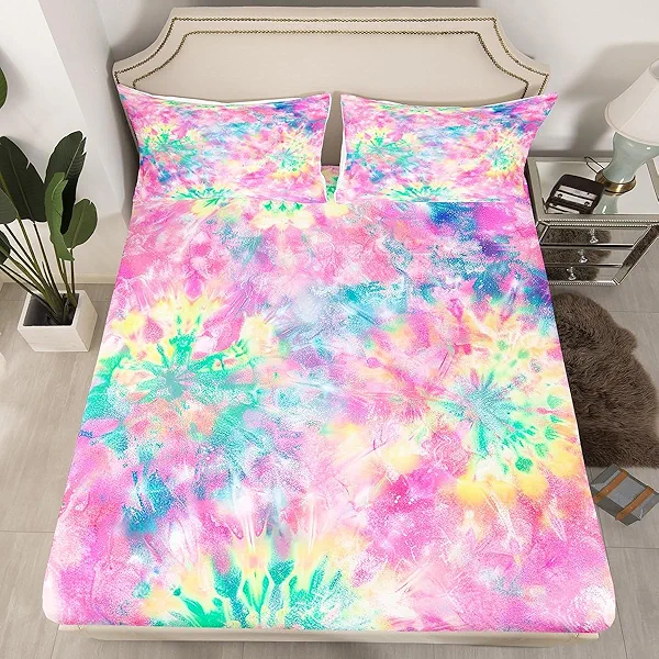 Erosebridal Kids Tie Dye Pink Fitted Sheet Batik Bedding Set for Children Boys Girl Women Watercolor Psychedelic Fitted Bed Sheets Ultra Soft Queen Size, with 2 Pillow Cases(No Top/Flat Sheet)