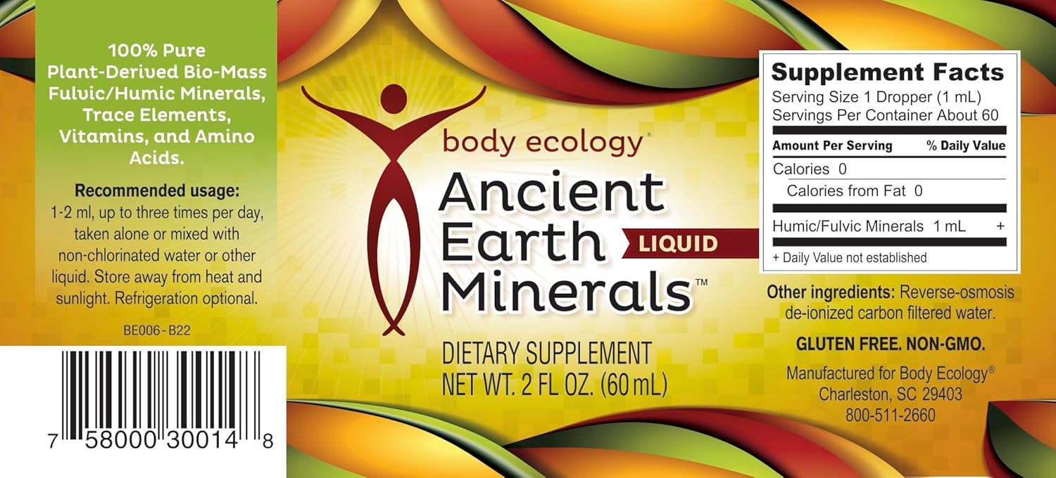 Body Ecology Ancient Earth Liquid Minerals | 100% Plant-Derived Trace Mineral Liquid Supplement | Fast-Absorbing Electrolyte Solution for Immune Support | 60 Servings (2 fl oz)