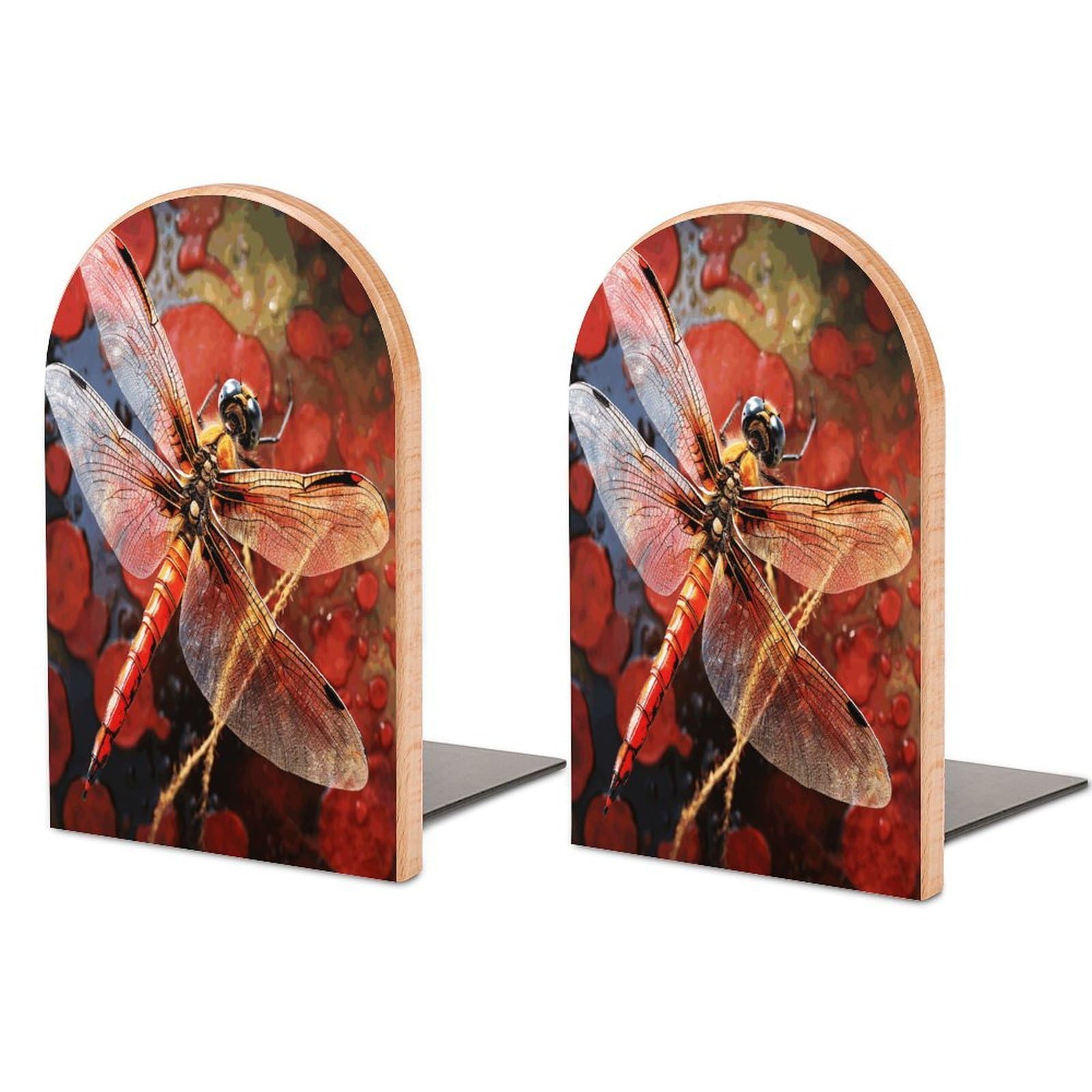 Red Dragonfly Bookend Wood Book End for Shelves Heavy Duty Non-Slip Wooden Bookend Support Universal Economy Bookends Fancy Modern Decorative Book Accessories 1 Pairs