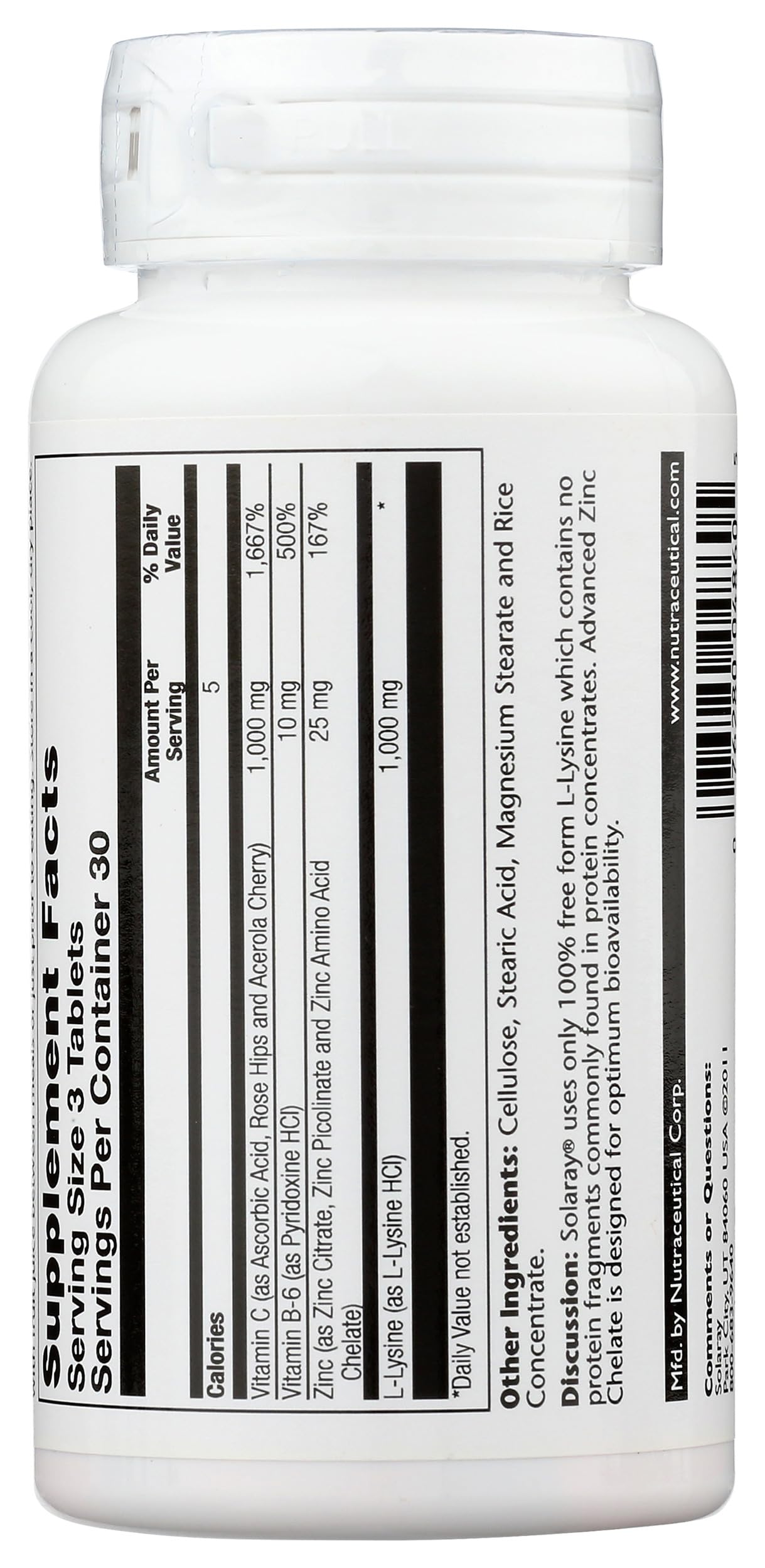 SOLARAY L Lysine - Free-Form Essential Amino Acid - Immune Support Supplement with 1000mg L-Lysine, 1000mg Vitamin C and 25mg Chelated Zinc - Lab Verified, 60-Day Guarantee, 30 Servings, 90 Tablets — Amazon image 4