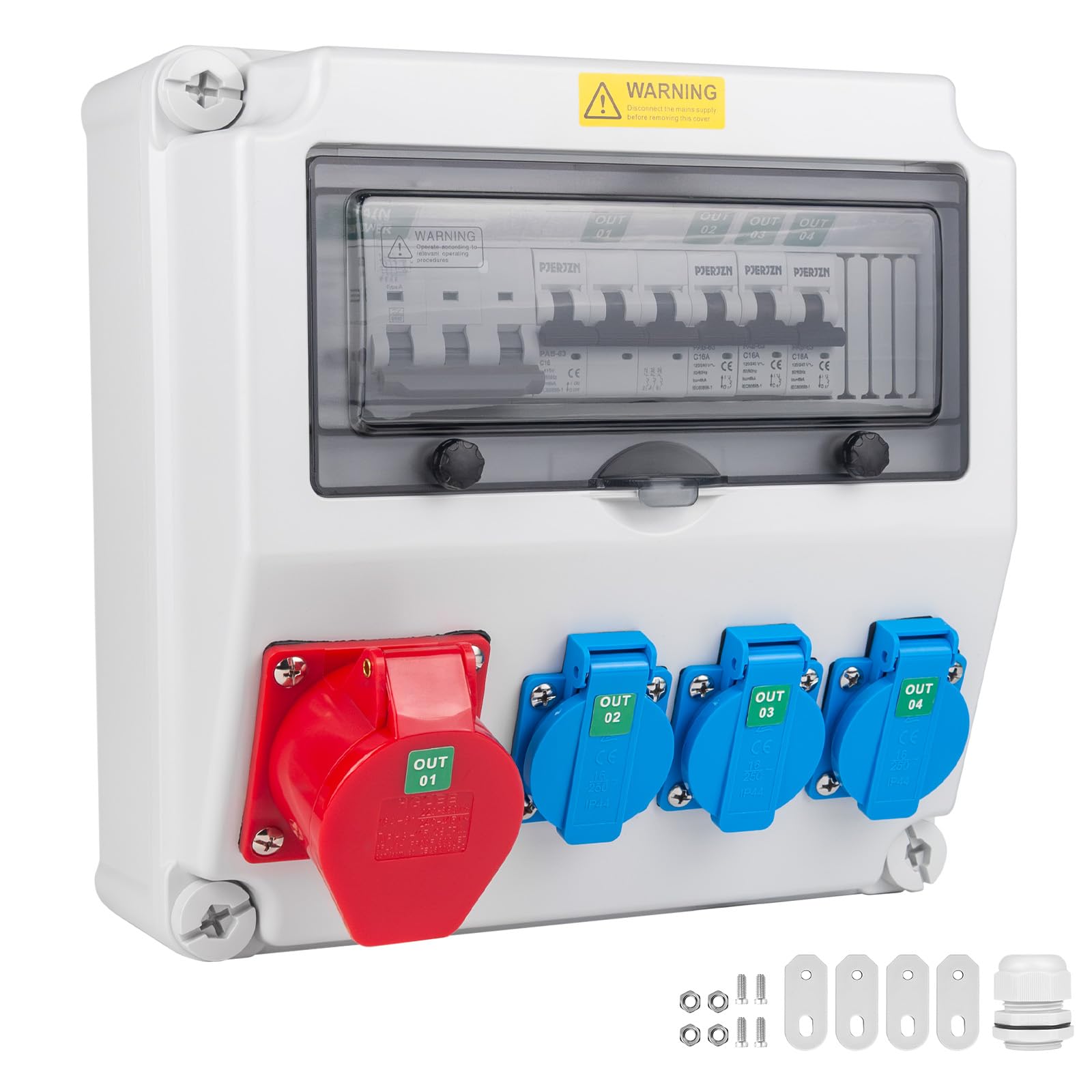 Baustromverteiler mit FI/LS RCBO Typ A 40A 30mA, Wandverteiler mit 16A CEE Steckdose,IP44 Starkstrom Verteiler für Baustelle und Werkstatt(3×16A 1P LS + 1×16A 3P LS+ 40A RCBO)