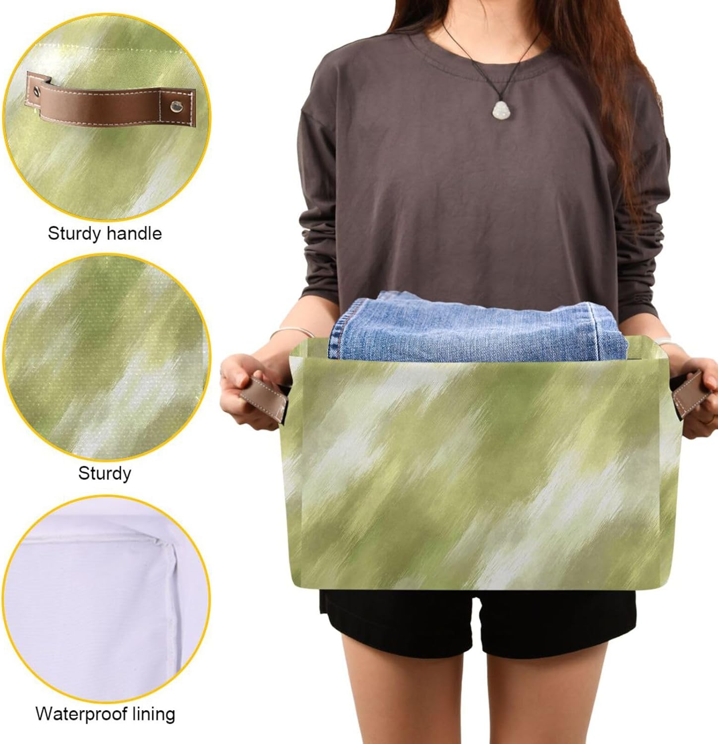 OTVEE Canvas Bins for Closet Shelves Organizing Yellow Green White Brush Art Storage Basket Baby Clothes Organizers Storage Box Nursery Bins Gift Baskets 2 Pack