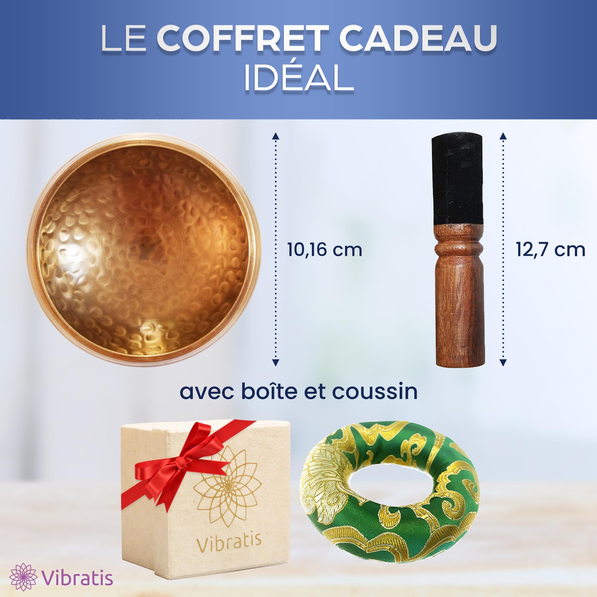 Bol Chantant Tibétain Artisanal + E-Book - Fait Main au Népal - Coussin, Maillet en Bois, Boite Lokta - Méditation - Relaxation - Guérison - Cadeau Parfait - Satisfait ou Remboursé