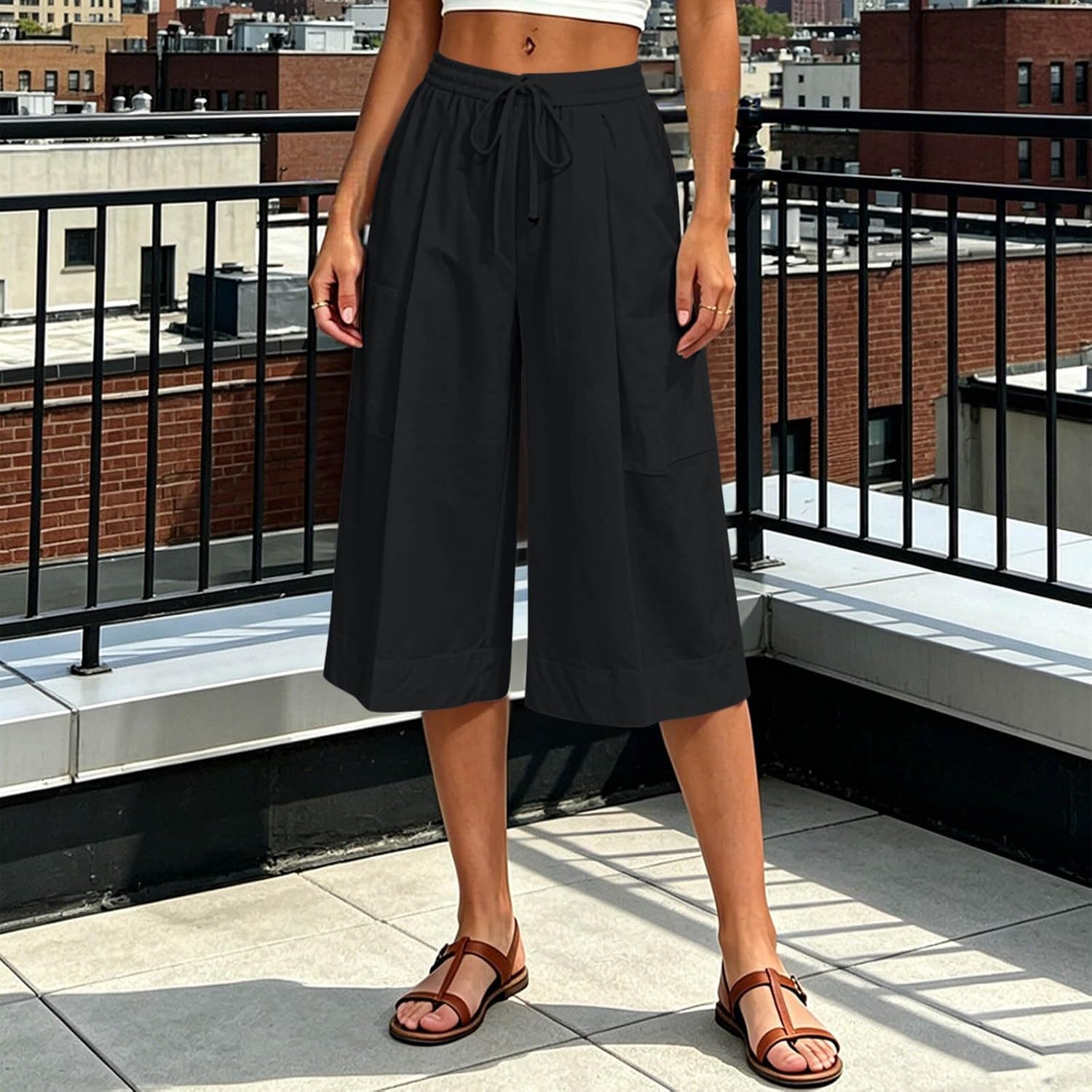 Capris Pants for Women Boho Casual Loose Drawstring Elastic Straight Wide Leg Cropped Trouser Beach Vacation Pant