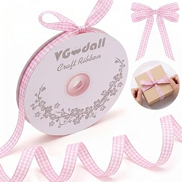VGOODALL Pink Gingham Ribbon, 3/8" x 50Yd Pink and White Thin Crafts Ribbon Buffalo Checker Ribbons for Hair Accessories Picnic School and Birthday Gift Wrapping