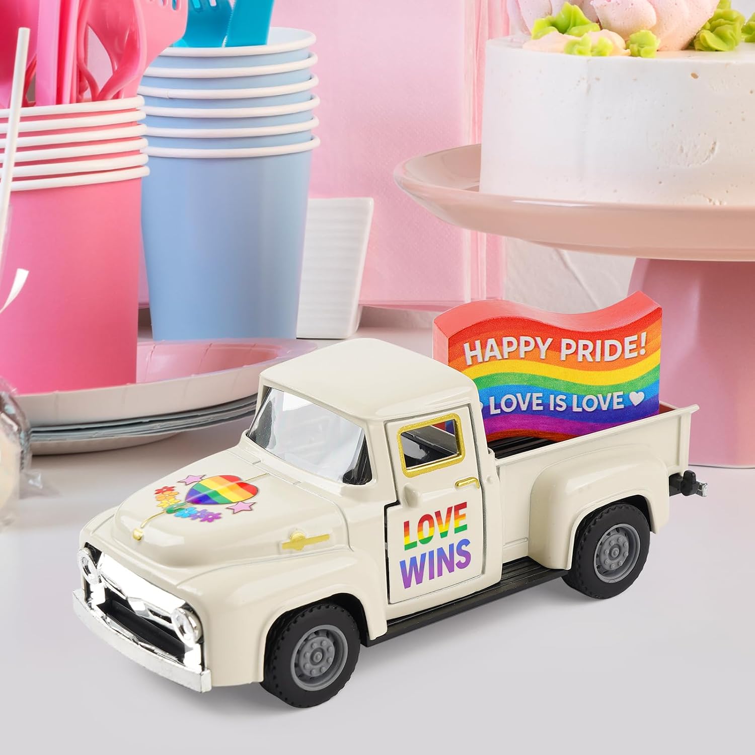 Pride Rainbow Truck Decor, LGBTQ Pride Month Decorations, Tiered Tray Decor, Love is Love Tabletop Centerpiece, Rustic Farmhouse Rainbow Home Kitchen Party Decor