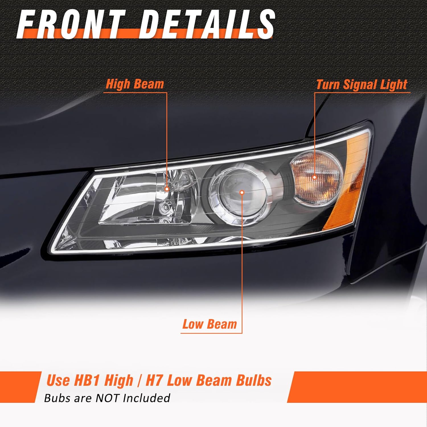 Headlights Assembly for 2006 2007 2008 Hyundai Sonata Black Housing Amber Reflector Headlamp Replacement Pair