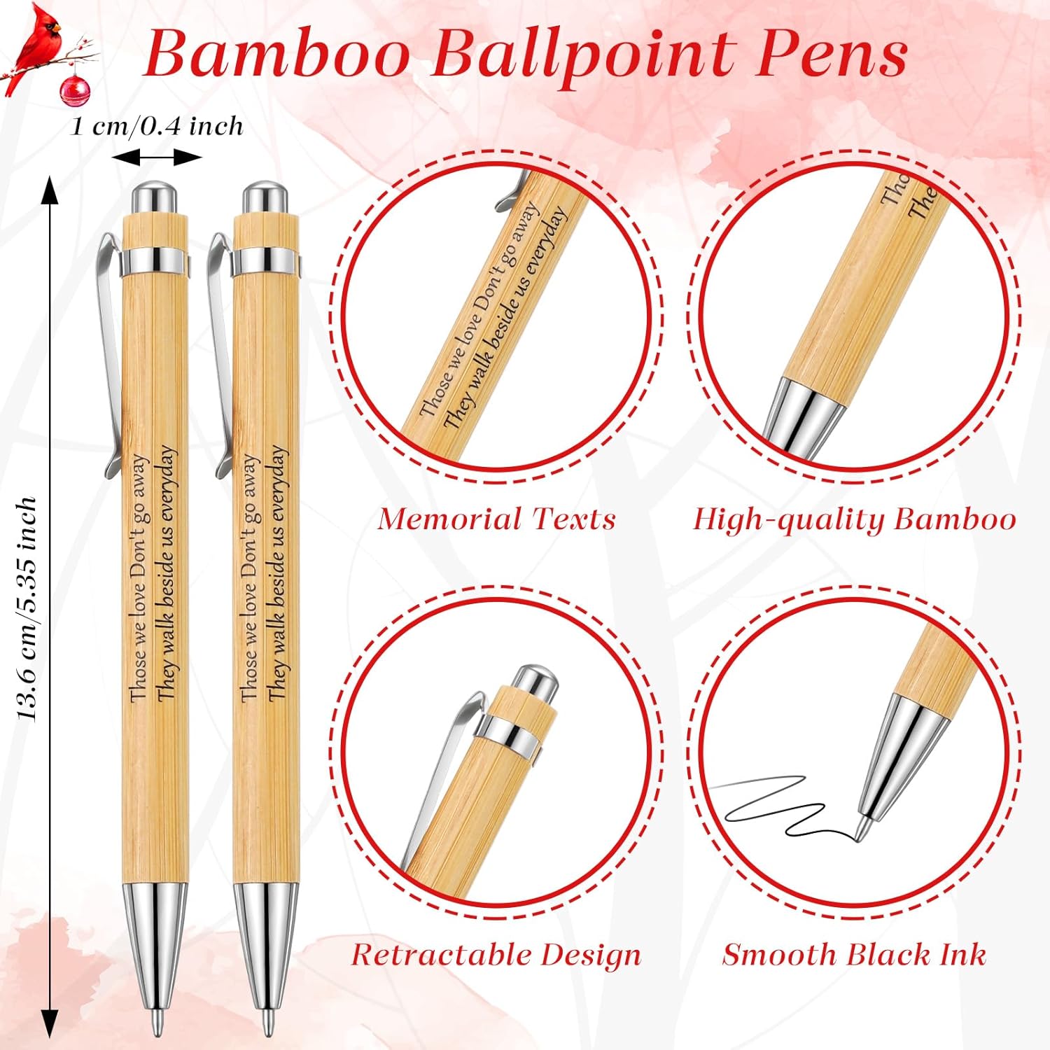 Janlaugh 100 Set Memorial Funeral Favors Include Cardinal Prayer Cards and Bamboo Ballpoint Pens Funeral Pocket Token for Guest Sympathy Remembrance Gifts for Loss of Loved One