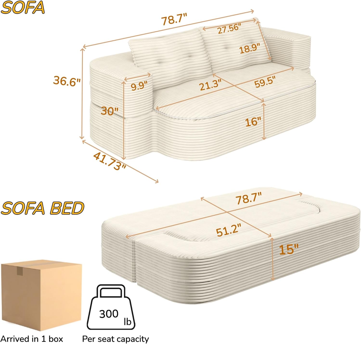 78.7'' Folding Sofa Bed Queen Sleeper Sofa, 2-in-1 Convertible Corduroy Boneless Couch with Blanket, Modern Futon Loveseat Couches for Living Room, Guest Bed, No Assembly Couch, Beige