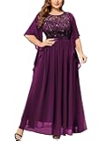 Women's Plus Size Sequin Lace with Ruffle Cape Cloak Sleeves Elegant Evening Wedding Party Maxi Dress