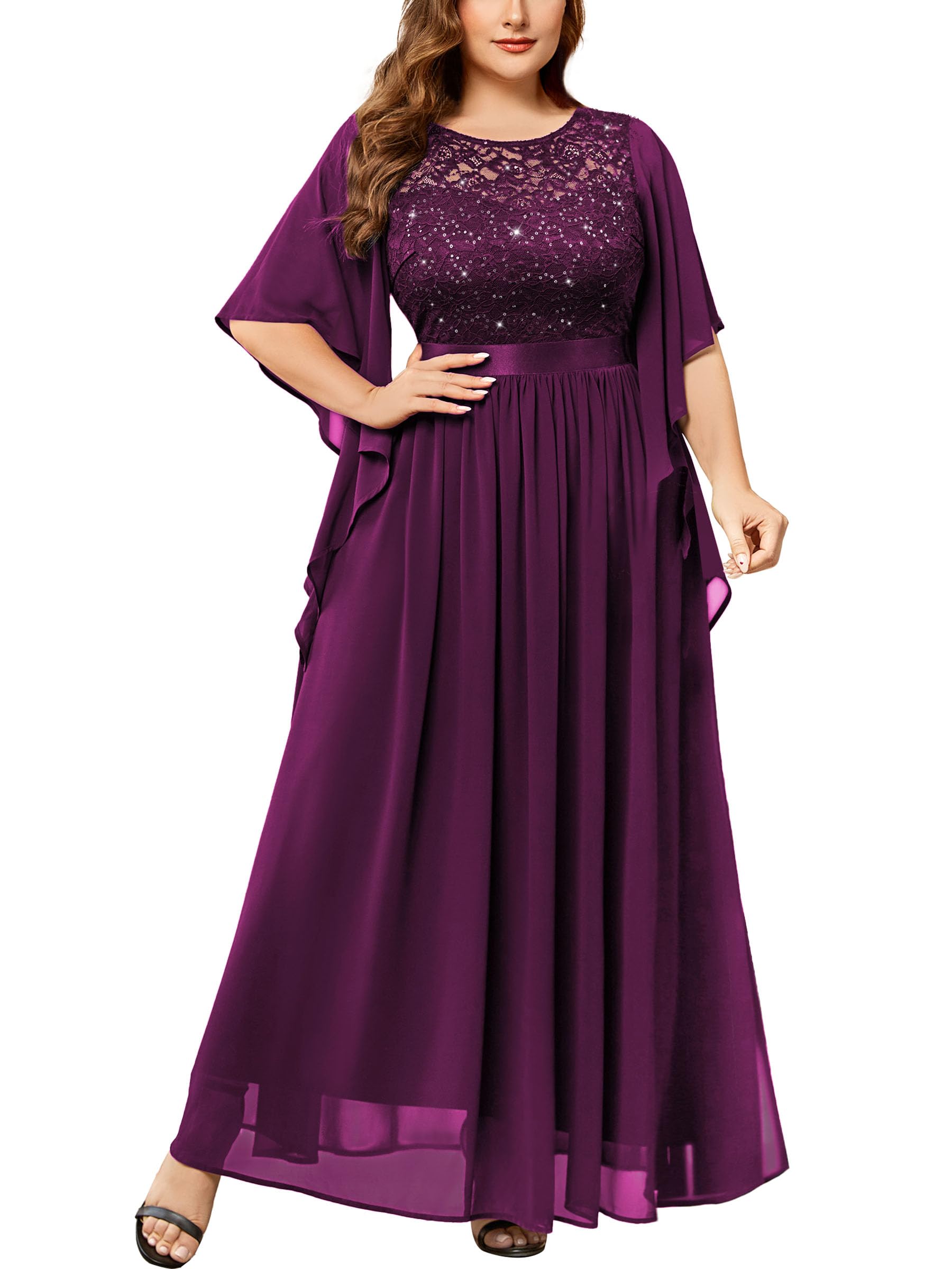 MISSMAY Abito lungo da donna, elegante, con maniche a farfalla, in chiffon, con paillettes, corpetto da sera, per feste