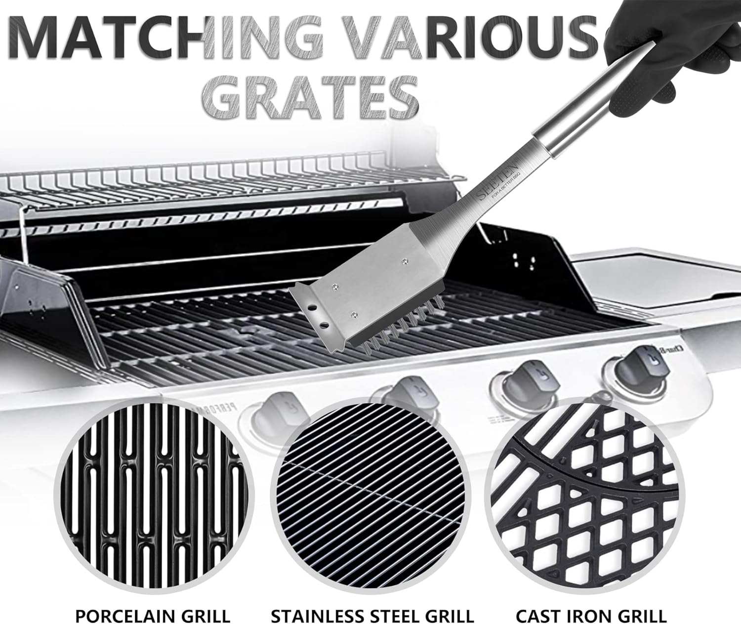 SEETEN Grill Brush and Scraper with 1 Reusable Cleaning Gloves-Safe&Strong 16 inch Stainless Steel Grill Cleaning Brush no Wire Bristles Fall Off-Nice Grill Accessories Gift : Patio, Lawn & Garden