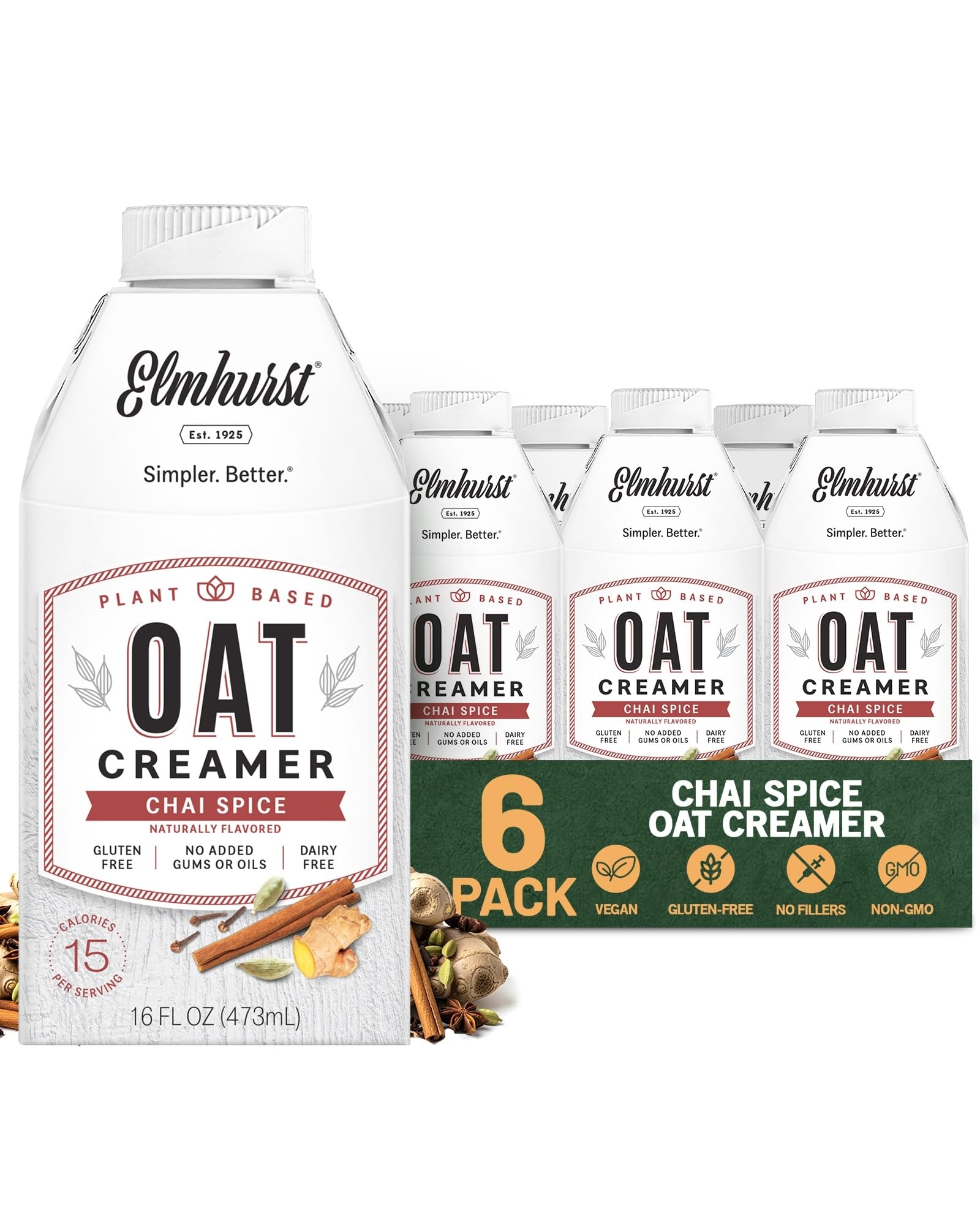 Elmhurst 1925 Chai Spice Oat Creamer - 16 Ounce (Pack of 6) Dairy-Free, Vegan, Kosher, Low Sugar, Shelf Stable Creamer Made with Oat Grains & Chai Spice for Healthier, Simpler Plant Based Alternatives