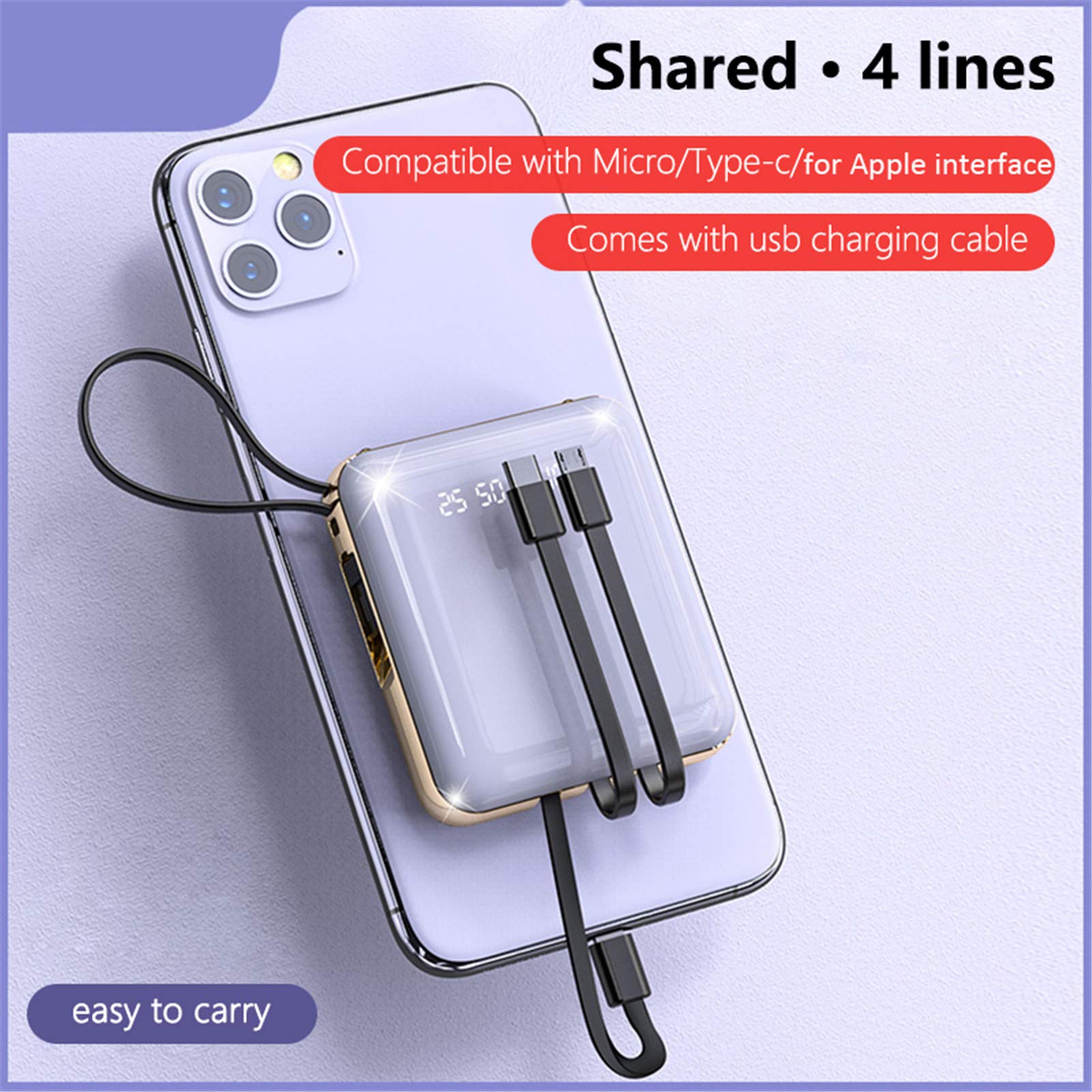 Mini Power Bank, 20000Mah Specchio Schermo LED Display Poverbank Caricabatteria Esterna Portatile Powerbank,Viola