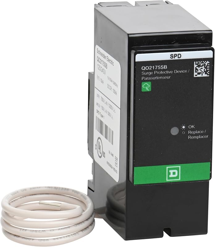 Square D Secondary Surge Arrestor - QO Load Center, Surge Protective Device, NEMA 1 Indoor, 5kA, 22.5kW SCCR, 3 Wire, 12/24V AC, 1 Phase, CSA Certified, Dark Gray, QO2175SB