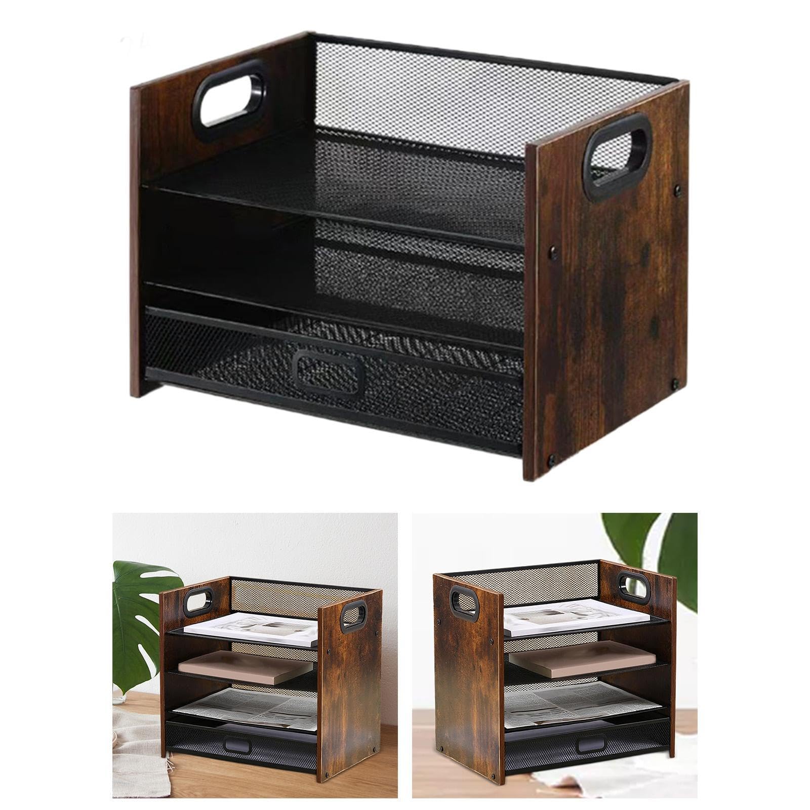 predolo Schreibtisch-Datei-Organizer, Schreibtisch-Organizer aus Holz mit Schublade, abgestuft mit Griff, Papierablage aus Holz für zu Hause, 3-stufig