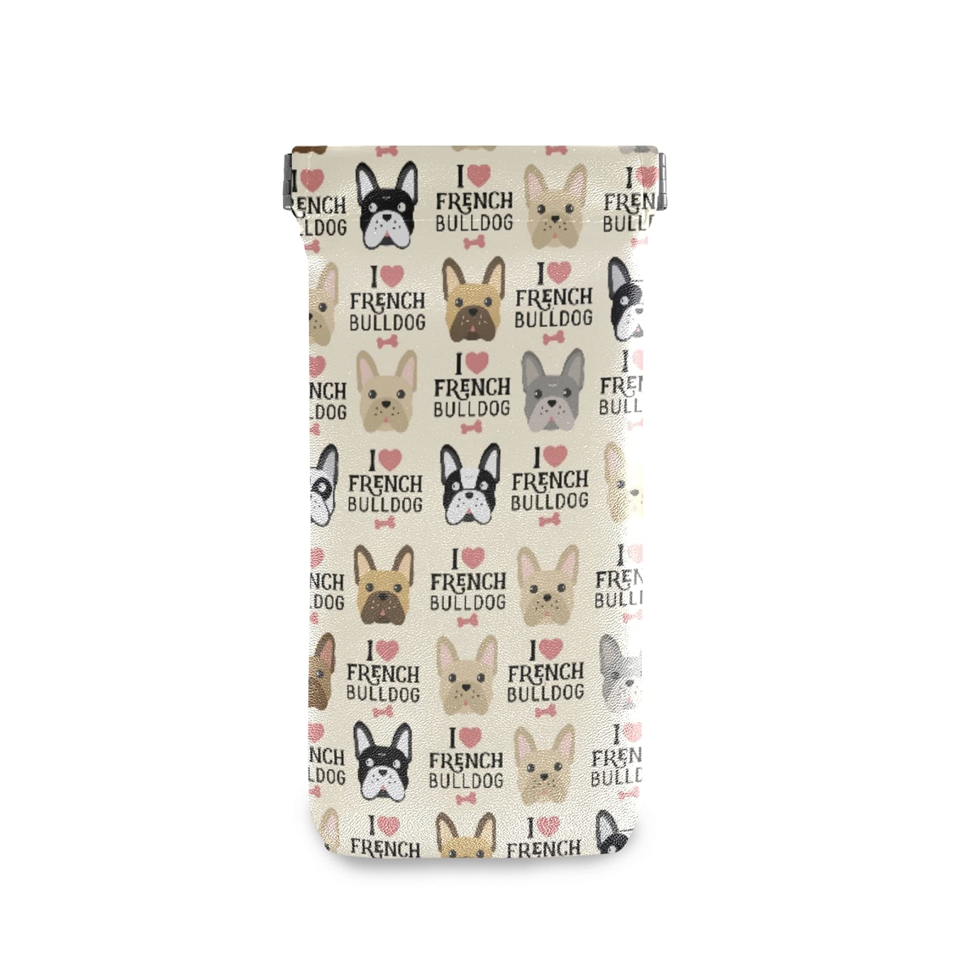 Squeeze Top Sunglasses Pouch Eyeglass Cases PU Leather Soft Anti-Scratch Eyeglass Holder (I Love French Bulldog Lettering)