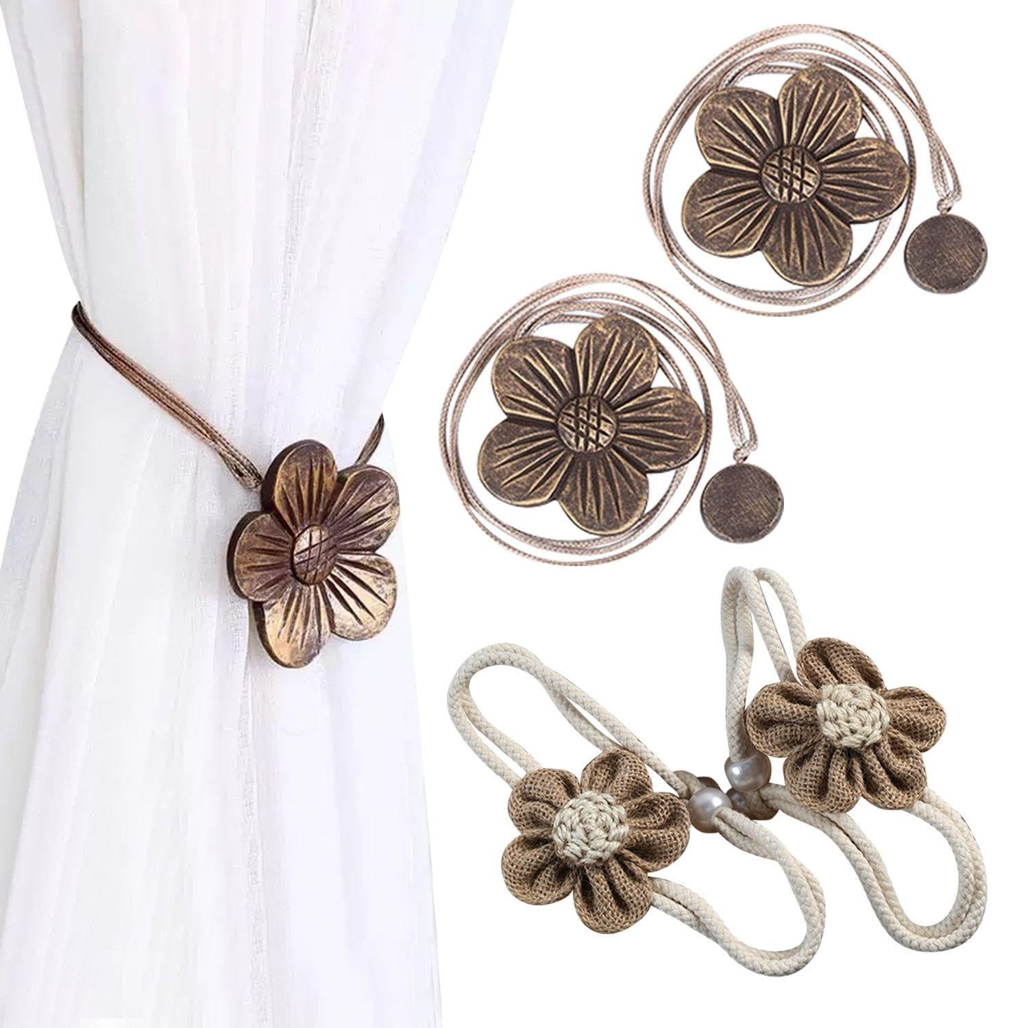 Hinfhi Coffee Color 2 Pieces Of Magnetic Curtain Buckle And 2 Pieces Of Curtain Straps, Flower Curtain Straps, Curtain Accessories, Curtain Decorations, Household Items.