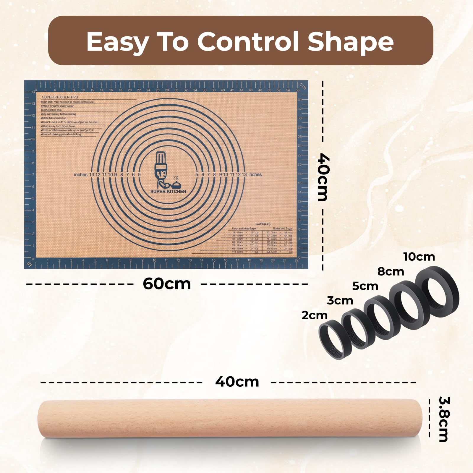 SUPER KITCHEN Mattarello in Legno Con 5 Dischi Regolabili Anello e Antiaderente Tappetino da Forno 60x40cm, Stuoia di Rolling della Pasticceria del Silicone, Spianatoia per Impastare (Grigio)