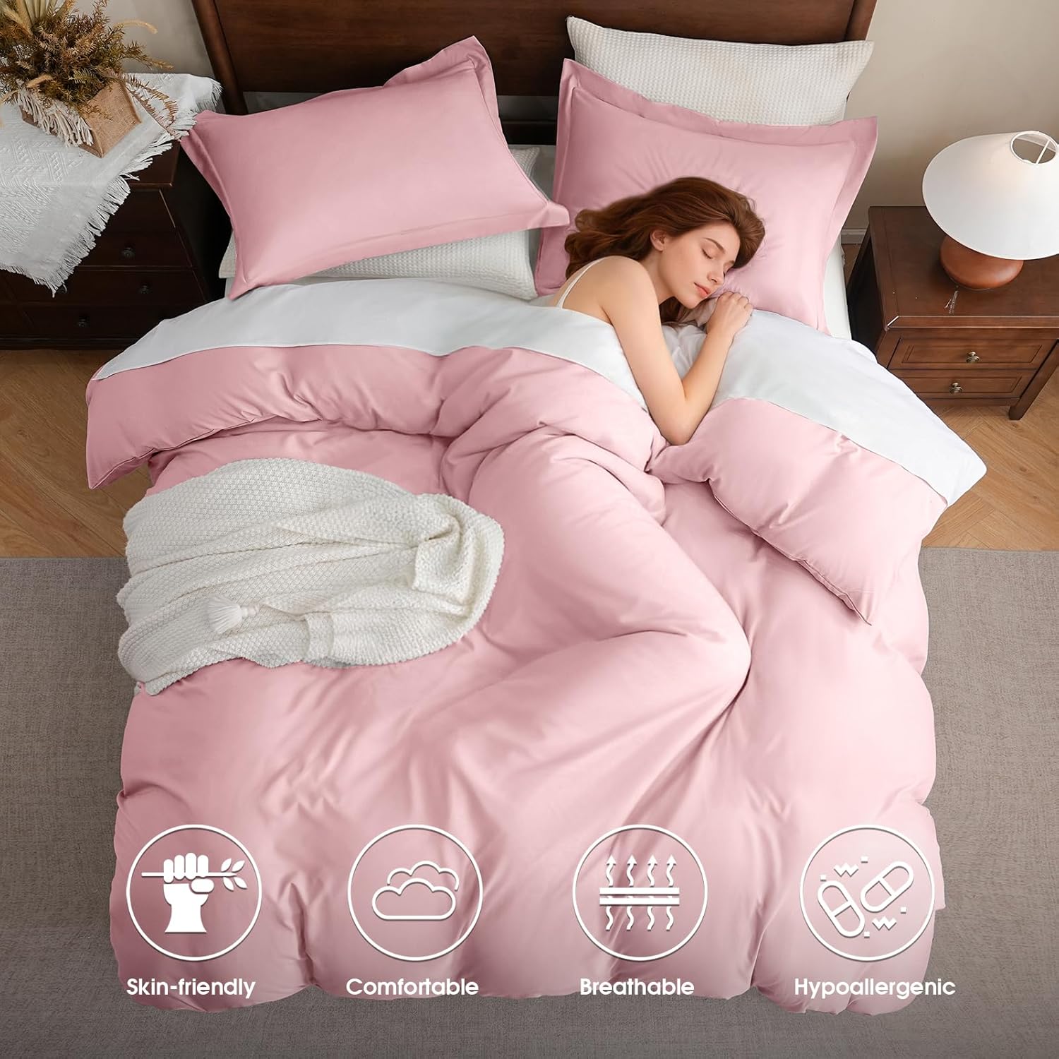 FreshCulture Duvet Cover Queen Size - 3 Pieces Microfiber Duvet Cover Set with Zipper Closure - Lightweight & Easy Care - 1 Comforter Cover & 2 Pillow Shams - Comforter Not Included (Pink)