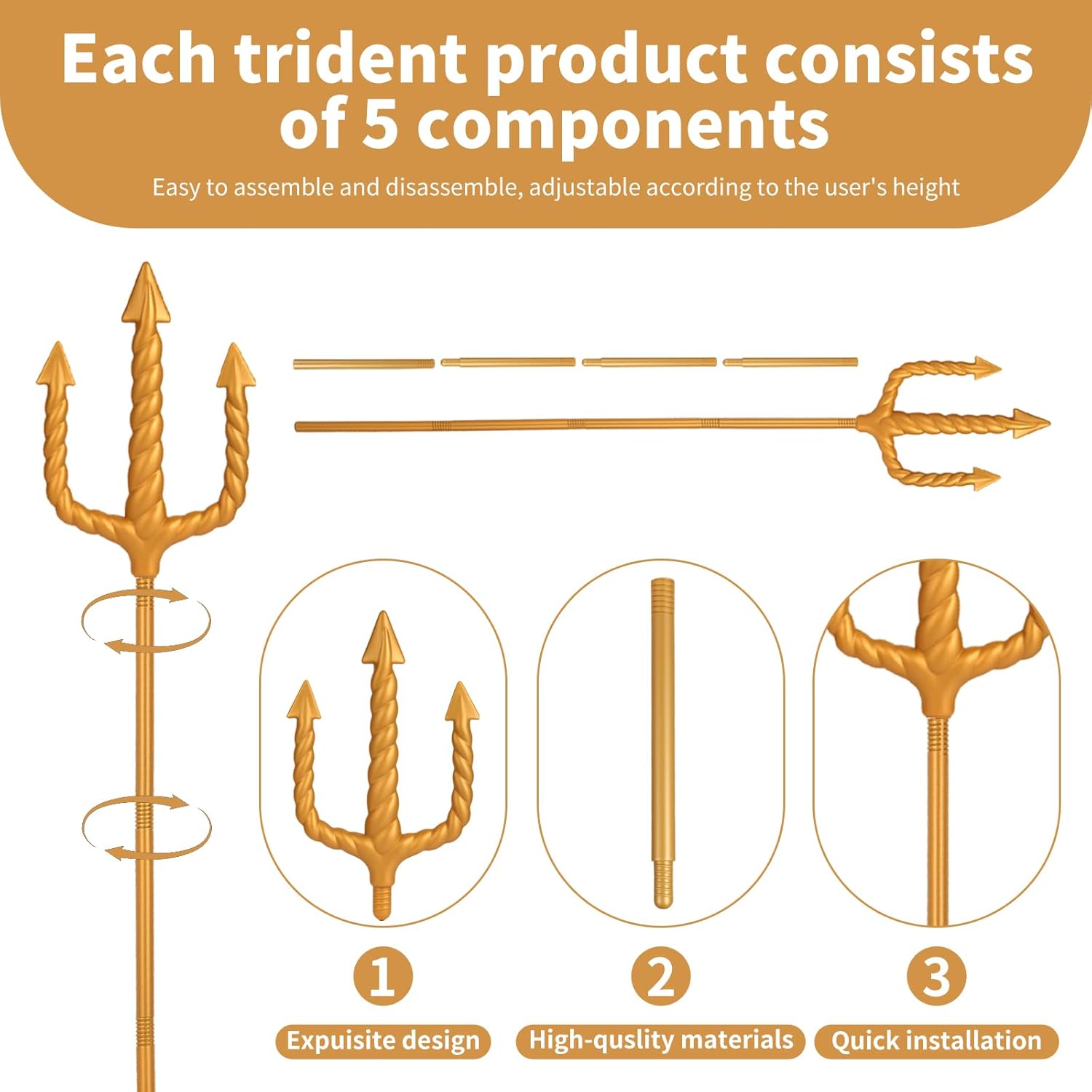 2pcs Plastic King Trident Prop - 60" Adjustable Gold Trident for Cosplay Halloween Party Costume Accessory