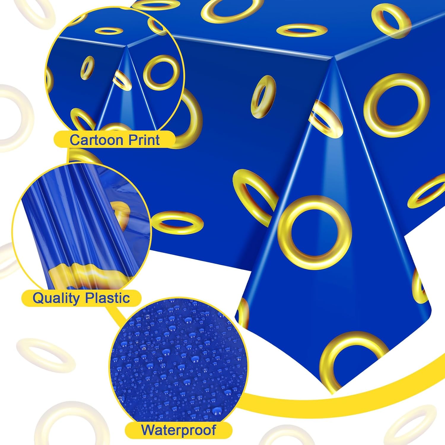DERTE 3 Pcs Video Games Tablecloths Cartoon Themed Party Tablecloth 108 x 54 inch Blue with Gold Ring Table Cover Plastic Rectangle Tablecloth Birthday Decorations