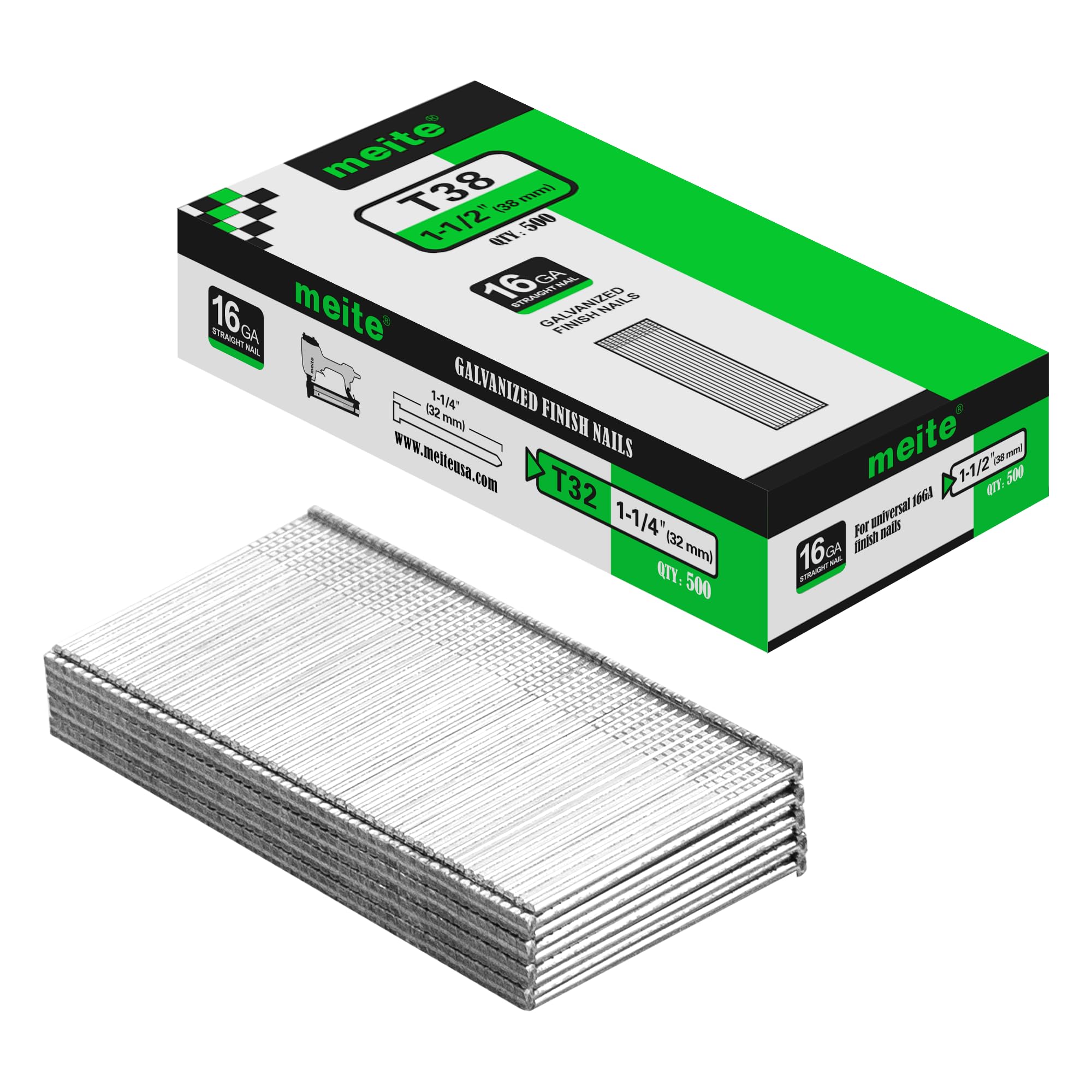 meite 16 Gauge Finish Nails, 1-1/2 Inch Galvanized 16GA Finish Nails, Small Straight Finishing Nail, Ideal for Woodworking, Upholstery, and Framing