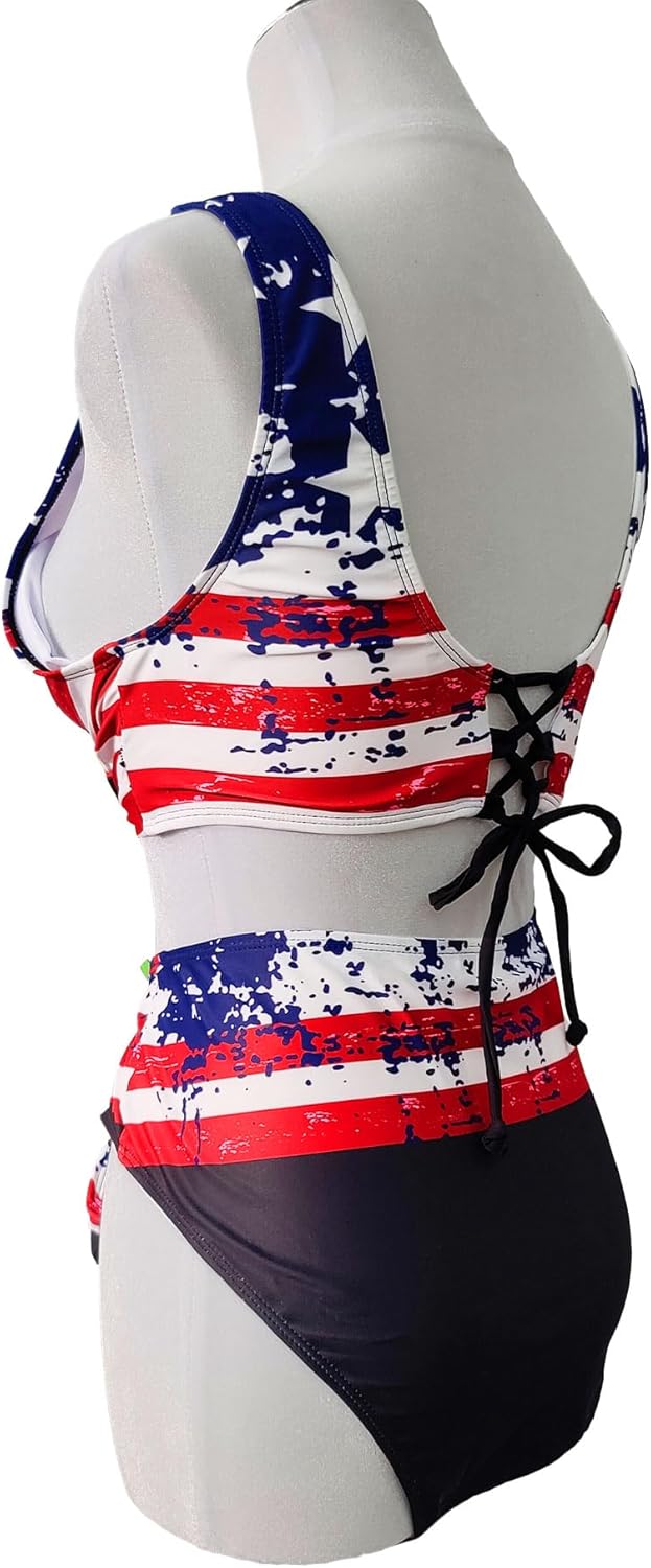 SOMTHRON Women's American US Flag Bikini Sets Two Piece July 4th Swimsuits High Waisted Tied Striped Blue Star Bathing Suits