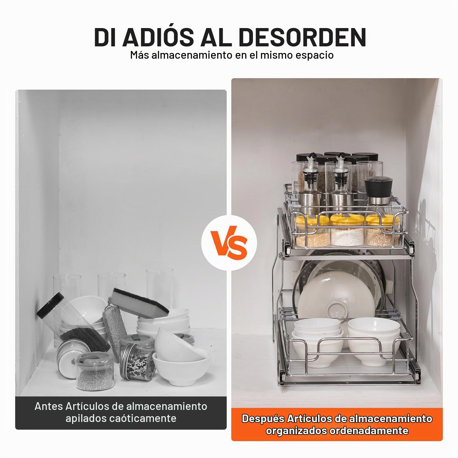 VEVOR Organizador de Gabinete Extraíble 304x533x385 mm Estantes de Despensa Deslizables de Alta Resistencia, de Acero Cromado para Gabinete de Cocina Baño, Tamaño de Instalación 334x563x485 mm