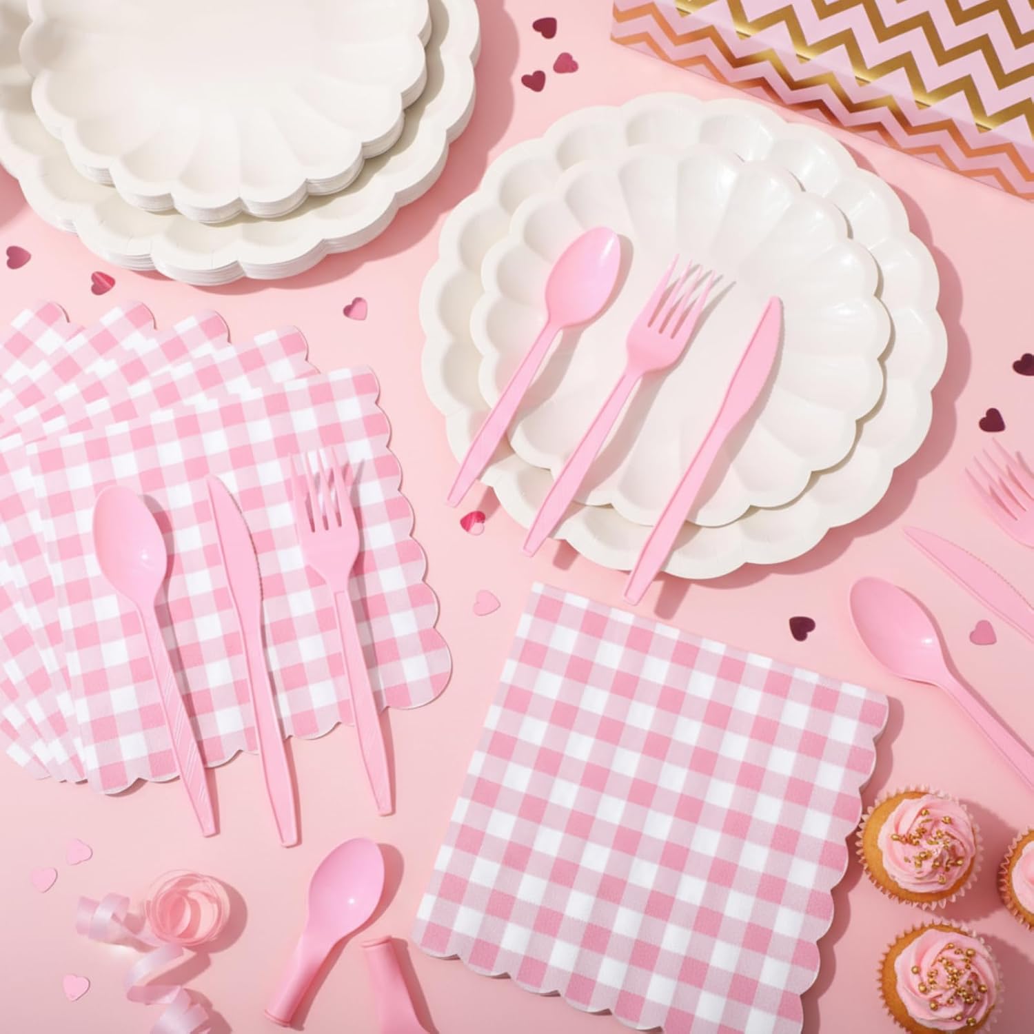 175 Pcs Cream Scalloped Paper Plates Pink Gingham Napkins and Cups Sets for 25 Guest Disposable Napkins Cups Plastic Spoons Forks Knives for One Silly Goose Birthday Baby Shower Party Decor