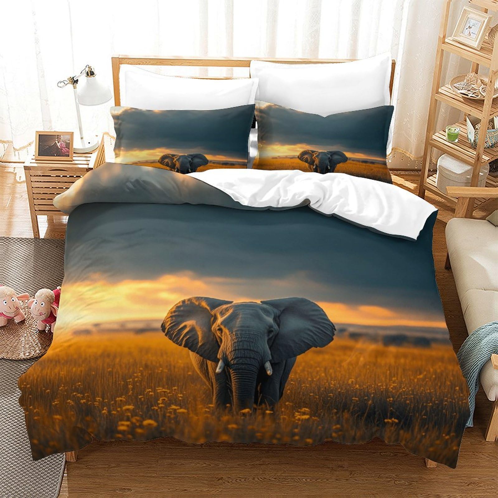 XiaopangXY Elephant Luxe Duvet Cover Set Hidden Zipper African Grassland Quilt Cover Set with Pillowcases Bedding Set Soft Microfiber Comforter Cover for Kids & Adults Double（200x200cm）