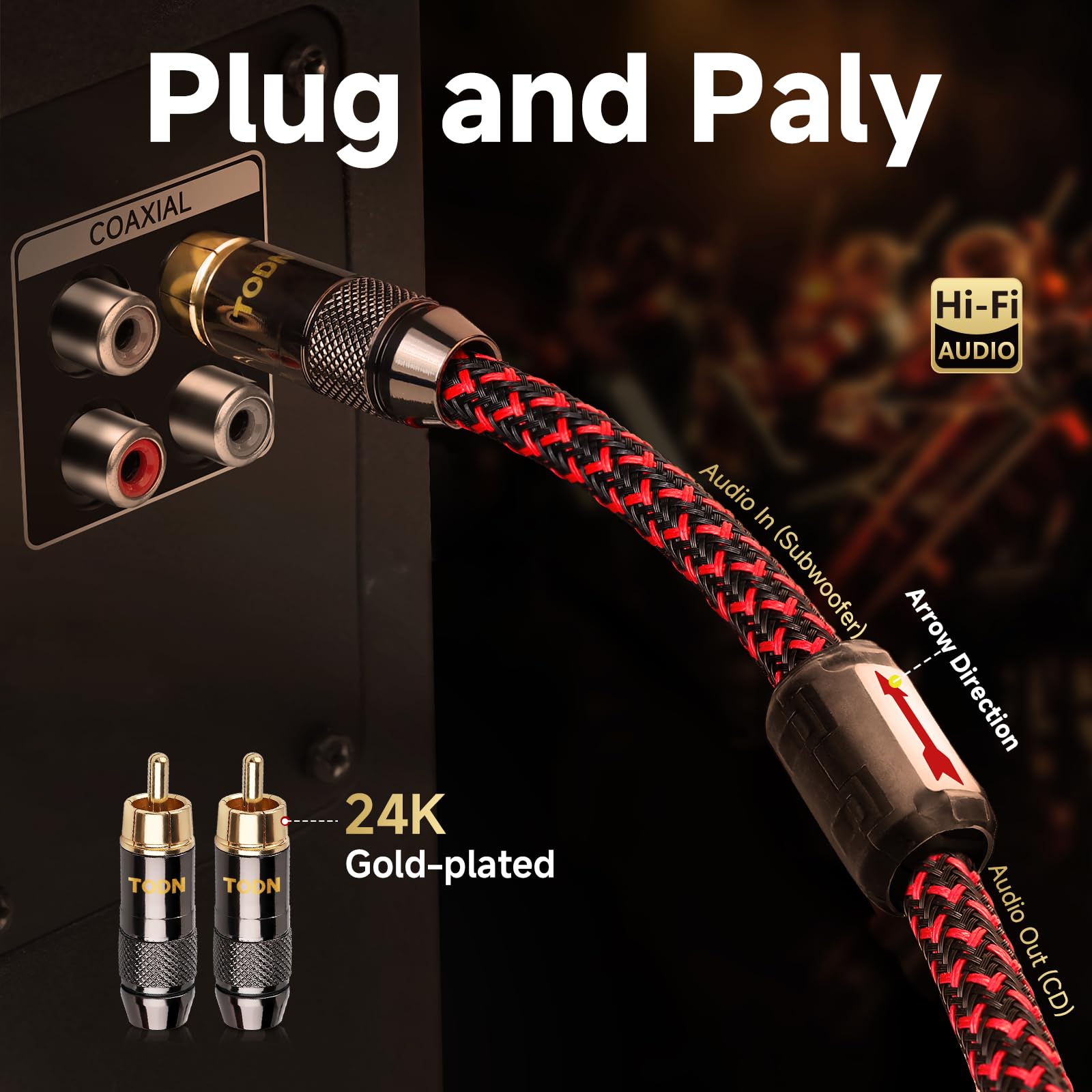 TODN Cyfrowy koncentryczny kabel audio HiFi do audiofilów 75 omów SPDIF Coax z rdzeniem OFC, podwójnie ekranowany, wtyczka pozłacana 24-karatowym złotem (1 m)