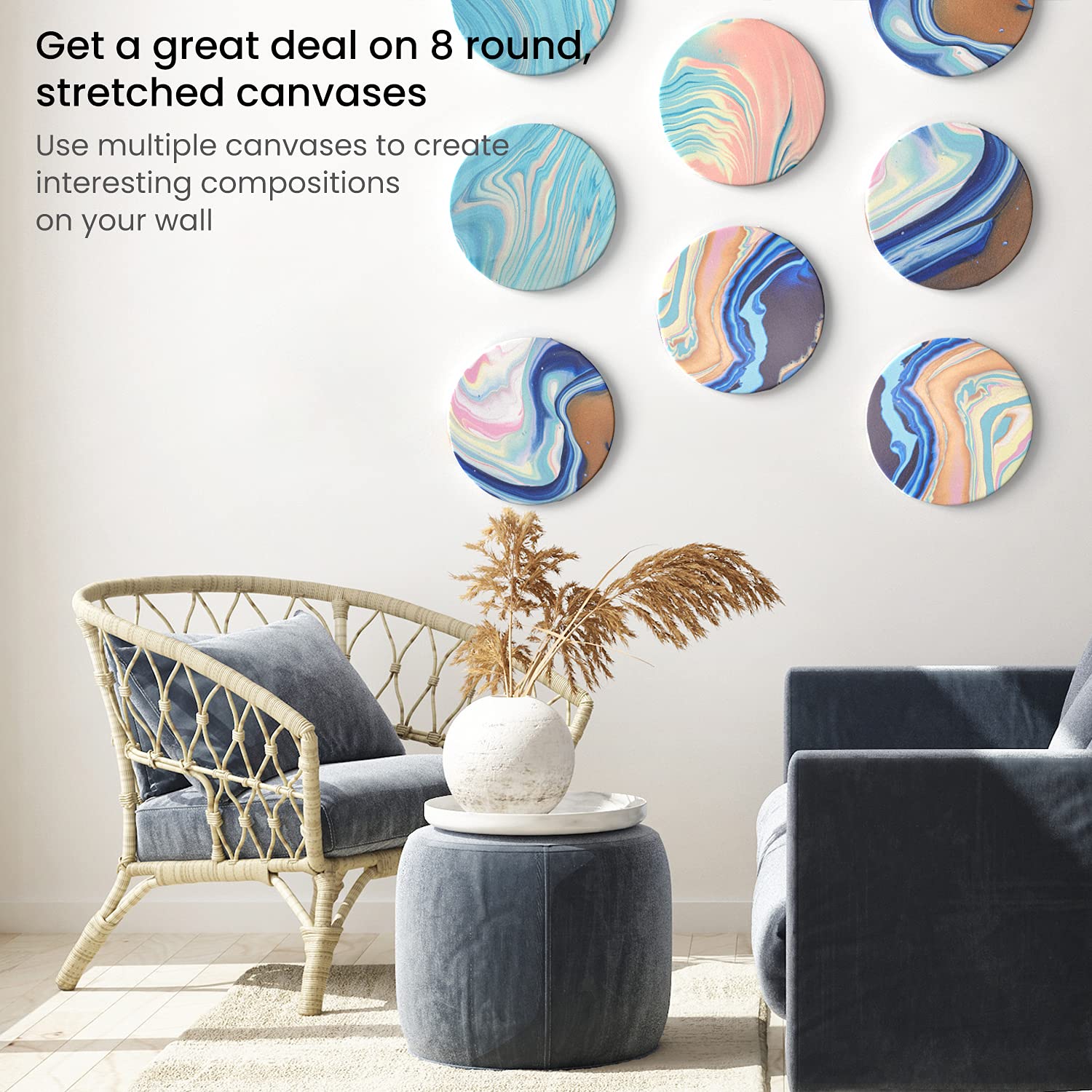 Arteza Runde Leinwand Keilrahmen, 8er-Set bespannte Keilrahmen rund 25.4 cm Durchmesser, 100% Baumwolle, Leinwände für Acrylfarben, Künstlerbedarf für Acryl- und Ölmalerei
