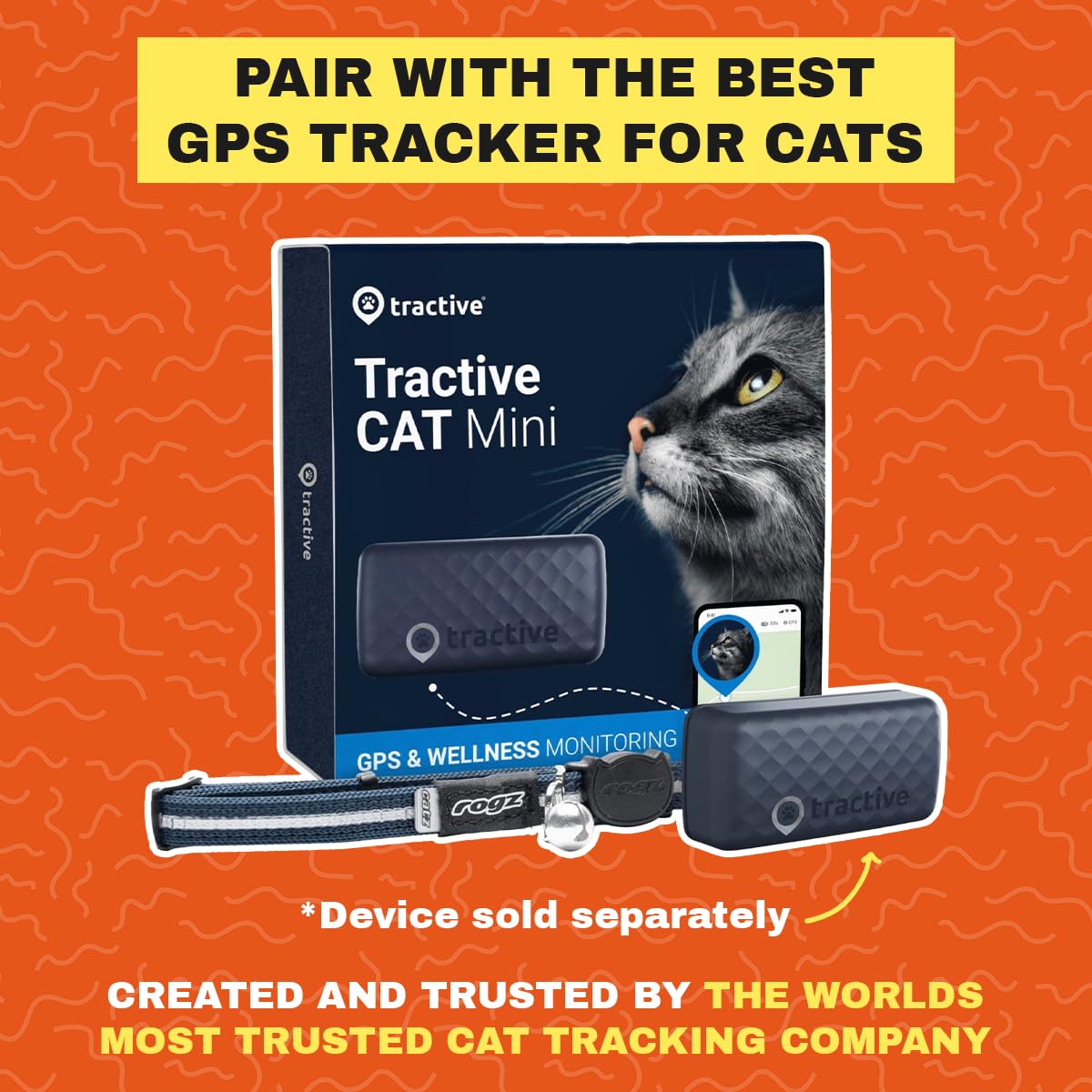TRAVEL CAT The Pathfinder - Pettorina per gatti con tasca per localizzatore GPS, alimentata da Tractive, a prova di fuga, per gatti piccoli e grandi, gattini (arancione, L)