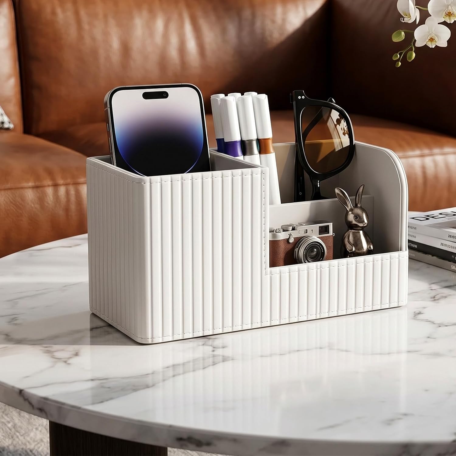 Desk Pen Organizer, PU Leather Desk Organizer with White Stripe, Small Desks Organizers for Office Supplies, Pen Holder for Desks, Pencil Holder, Night Stand Organizers, 8.26"L x 3.93"W x 4.3"H image 4