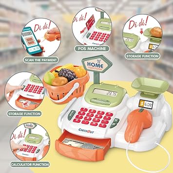 Cash Register 36PCS Supermarket Shop Toys with Electronic Sounds,Working Scanner,Calculator,Credit Card Reader,Play Food and Money Preschool Learning for Girl Boys Kids (Green)