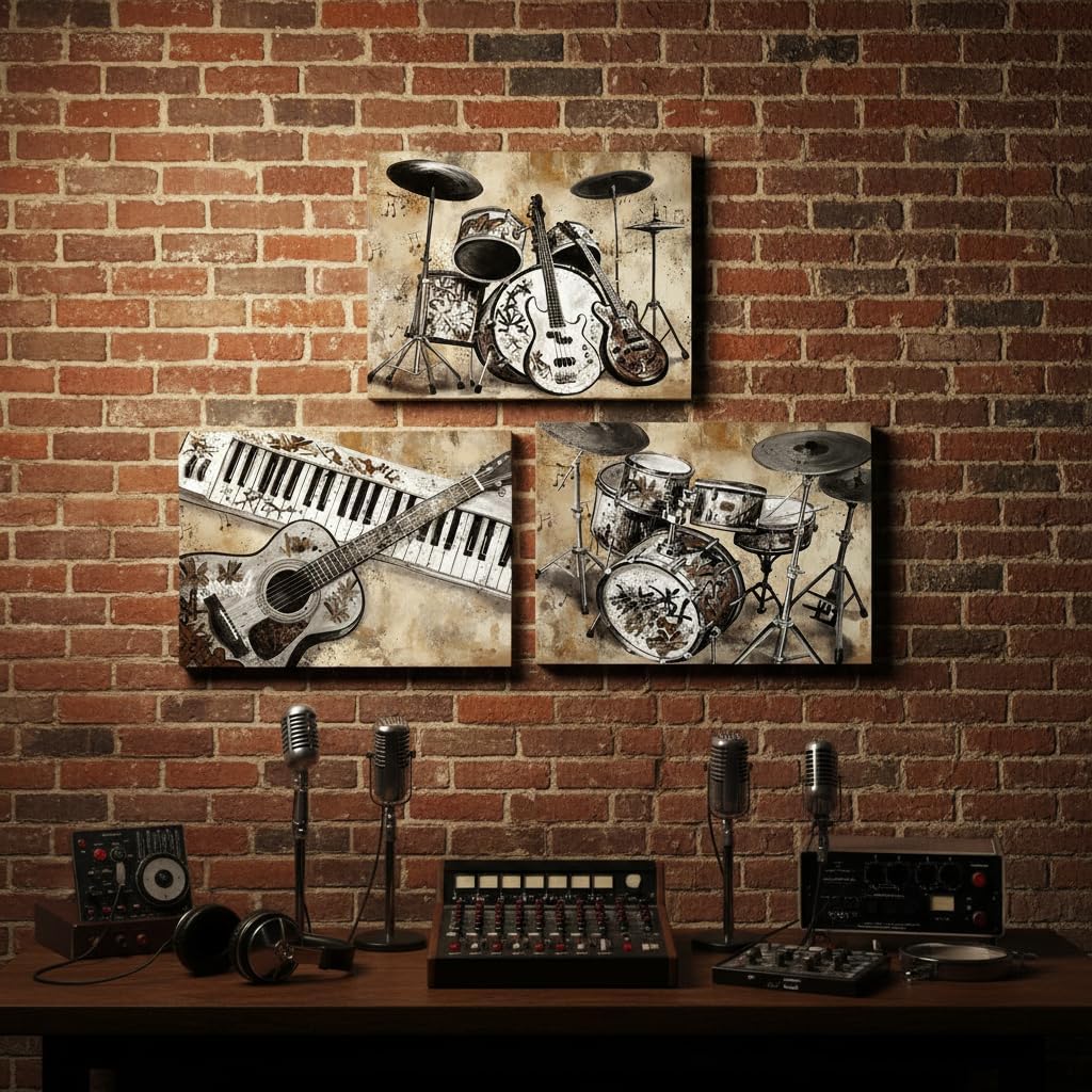 OuElegent Music Canvas Wall Art 3-Panel Set Graffiti Music Pictures Multicolor Musical Instruments, Modern Style, Gallery Wrapped (brown, 12''x16''x3)