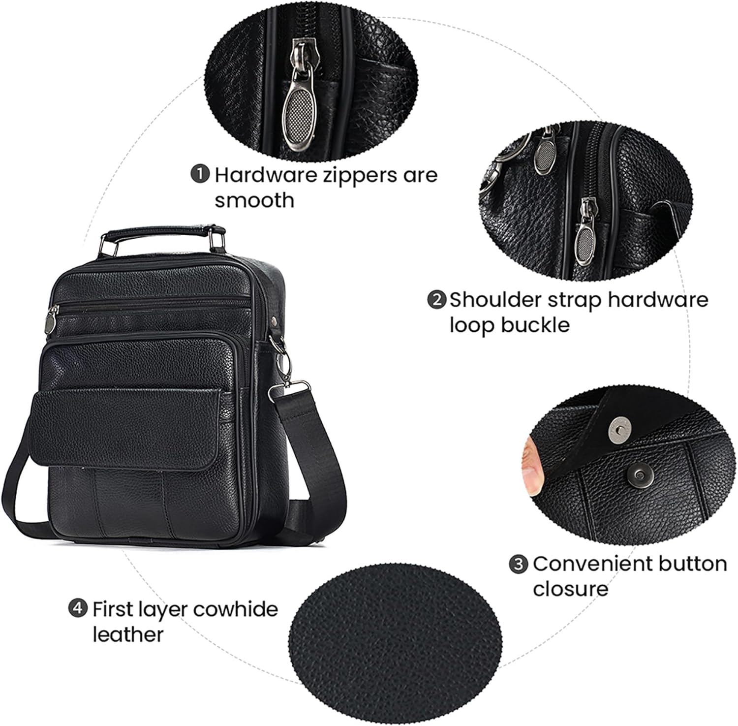 JOYIR Genuine Leather Messenger Bag for Men, BLACK Business Crossbody Bag with 5 Compartments, Anti-Theft Work Satchel Shoulder Bag for Laptop iPad, Daily Commute & Travel