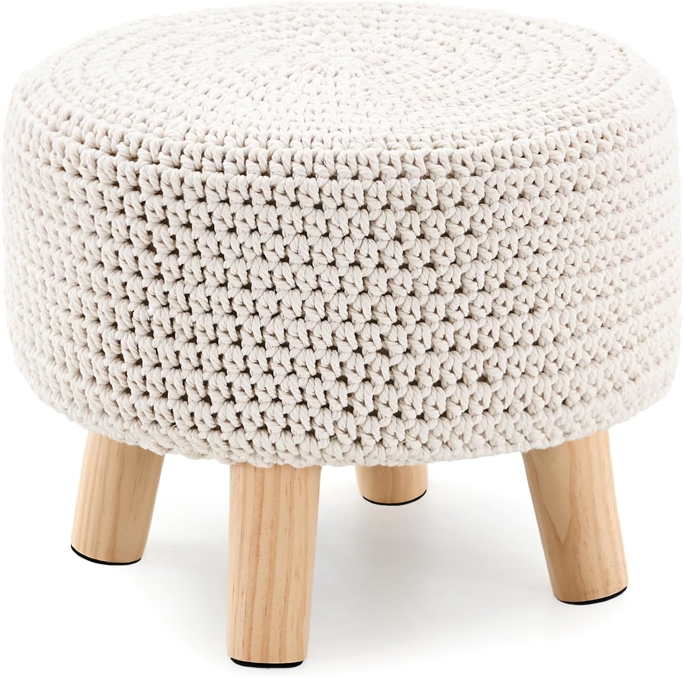 Boho Ottoman Foot Stool Cotton Knitted Round Pouf Ottoman Foot Rest Stool with Non-Skid Wooden Legs Step Stool Padded Seat for Living Room White
