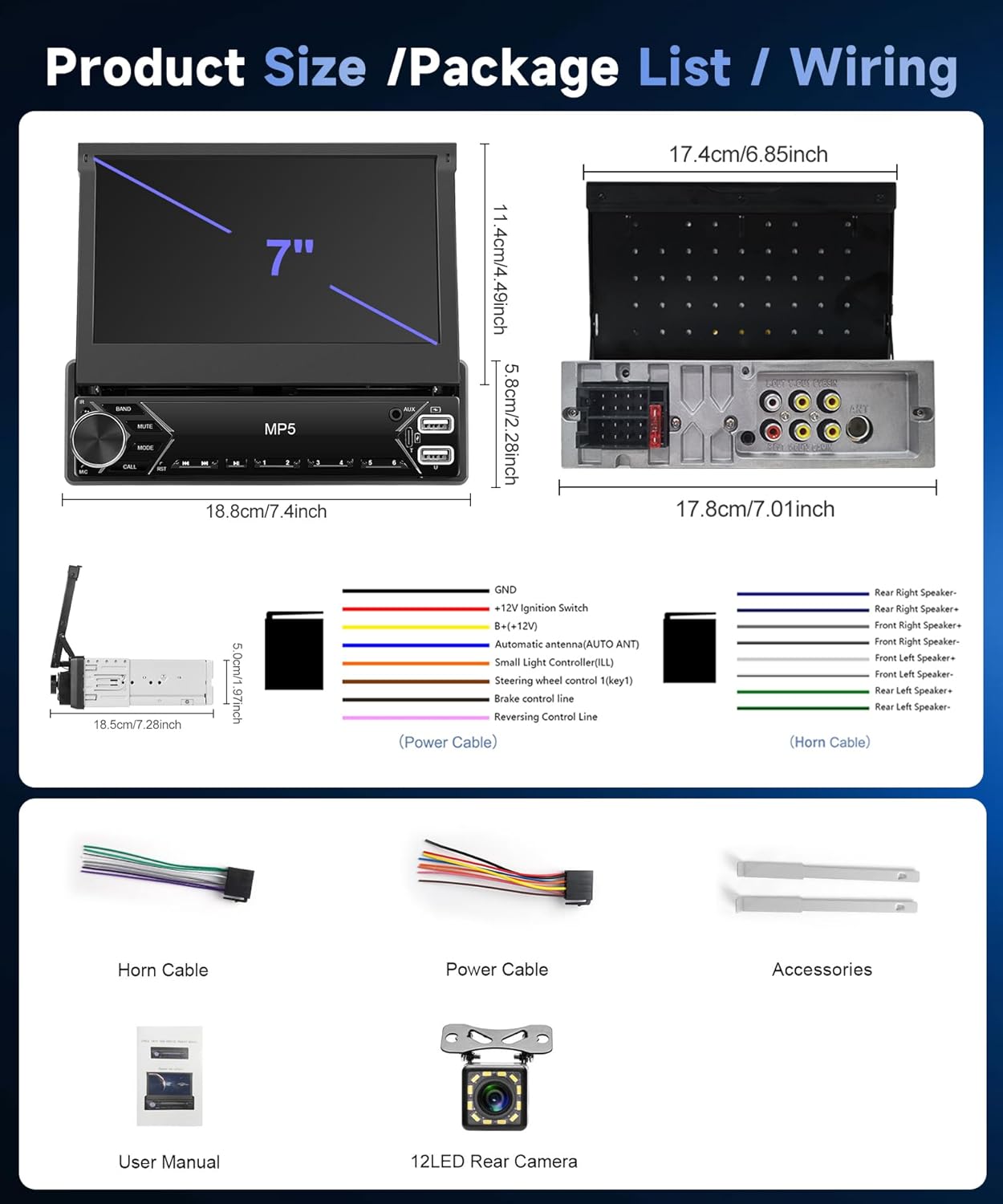 Single Din Flip Out Car Radio with Bluetooth iOS/Android Mirror Link,7 Inch Touch Screen Car Stereo 1 Din with Backup Camera Bluetooth Hands-Free FM Radio USB EQ AUX TF Steering Wheel Control