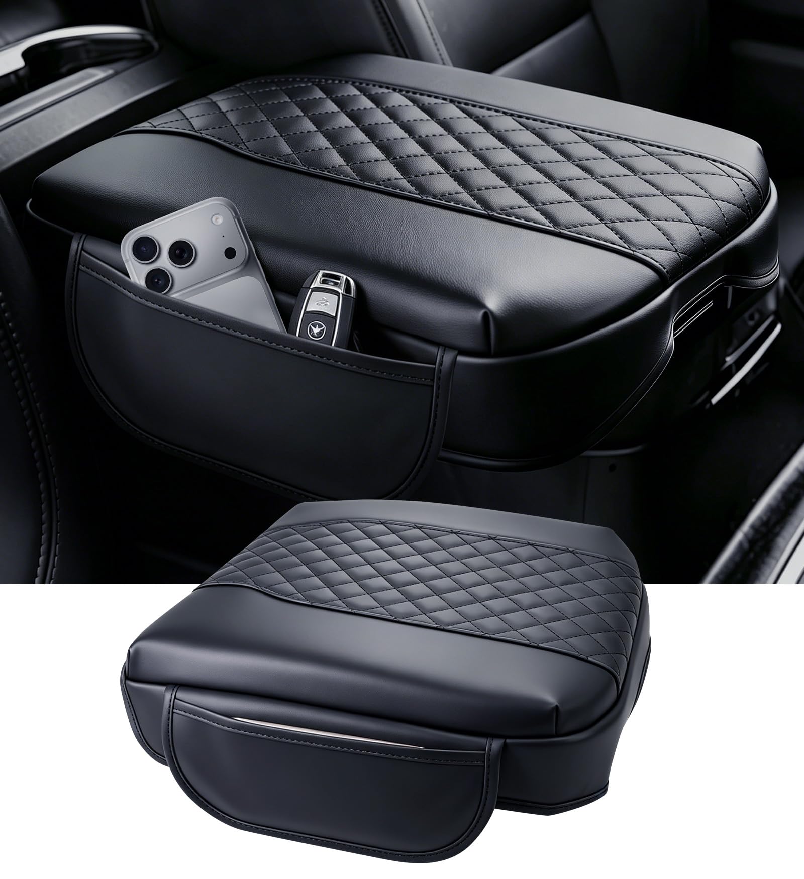 Center Console Cover for Chevrolet Silverado &amp; GMC Sierra 2019-2026, Tahoe &amp; Suburban &amp; Yukon 2021-2026, Fits Bucket Seat Only, 1.2-Inch Thick PU Leather Armrest Protector with 2 Side Pockets