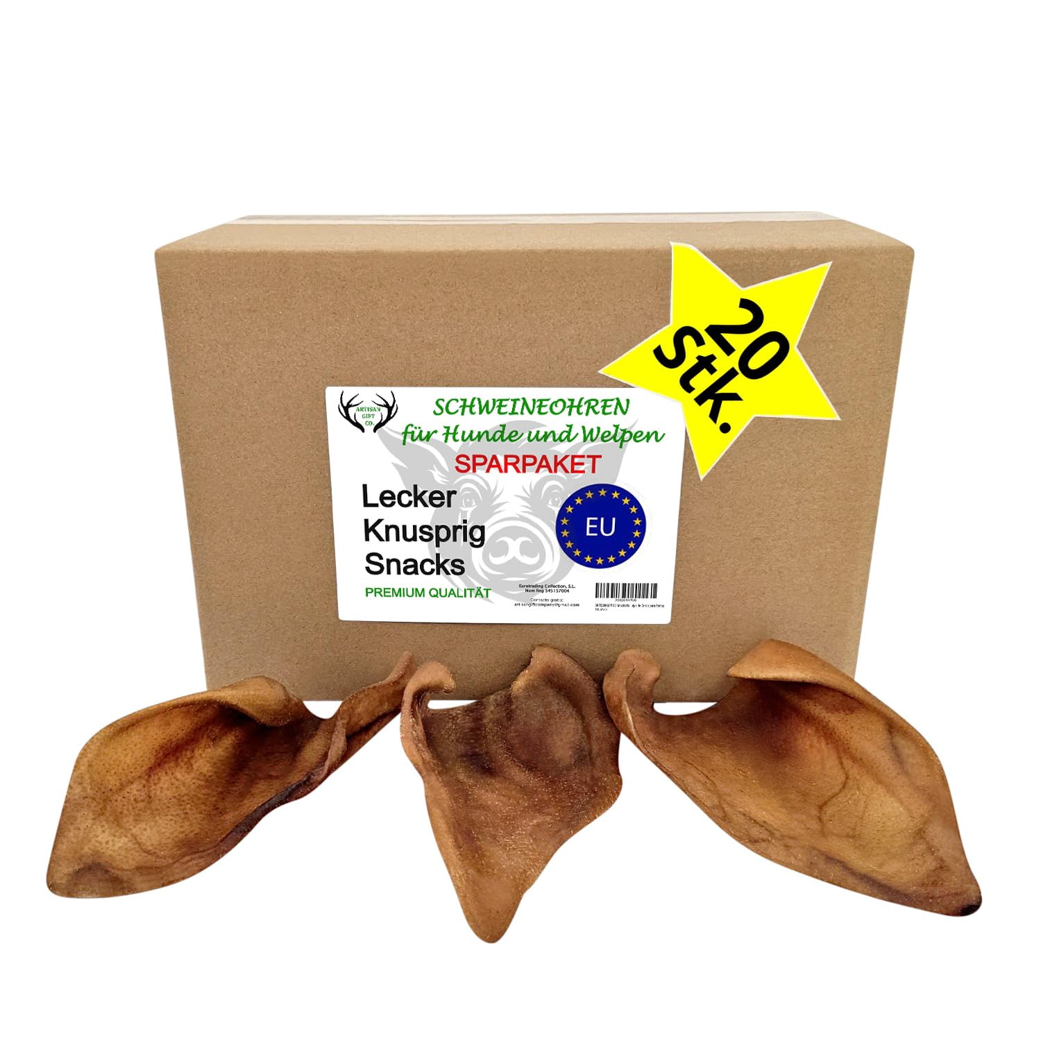 Schweineohren für Hunde, Sparpack 20 Stück, ca. 650–700 g | Dörrfleisch-Leckerlis aus getrocknetem Fleisch