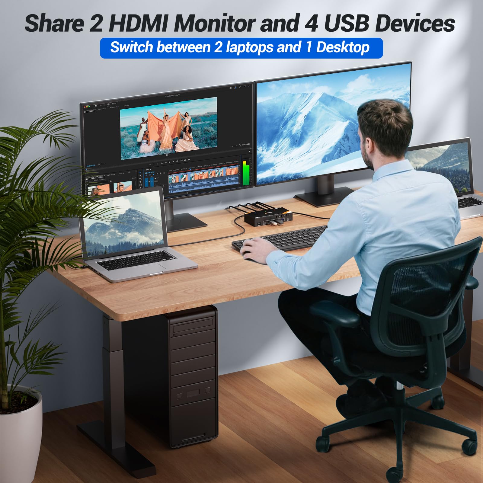 KVM Switch 3 PC 2 Monitore USB-C HDMI, USB 3.0 Dual Monitor KVM Switch für 2 Laptops 1 Desktop Teilen 4 Geräte Tastatur Maus, 100W PD, 4K@60Hz, Wired Remote(4K USB C HDMI 3 in 2 out KVM)